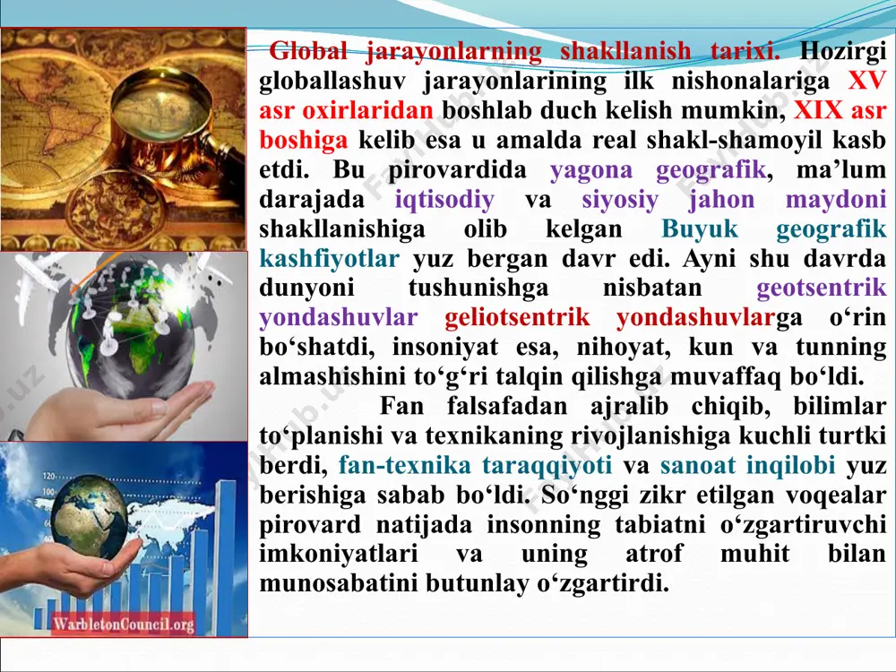 lar odamlarni energiya, yonilg‘i, chuchuk suv, xom ashyo resurslari va shu kabilar bilan ta’minlash kabilardir. bu guruhga ekologik muammolar, shuningdek jahon okeani va kosmik fazoni о‘zlashtirish ham kiradi. global muammolarning tasnifi. global muammolarning barchasi ularning keskinlik darajasi va yechimining ahamiyatiga, shuningdek real hayotda ularning о‘rtasida qanday sababiy bog‘lanishlar mavjudligiga qarab uch katta guruhga ajratiladi. uchinchi guruhni «inson – jamiyat» tizimi bilan bog‘liq muammolar ya’ni demografiya muammosi, sog‘liqni saqlash, ta’lim, xalqaro terrorizm tahdidi, ma’naviyat masalalari va shu kabilardir. birinchi guruh: urush va tinchlik muammosi. harbiy soha jamiyat hayotining eng isrofgar sohasi hisoblanadi. ayni shu sababli jamiyat hayotidan urushni bartaraf etish va yerda mustahkam tinchlikni ta’minlash butun dunyoda mavjud barcha global muammolar orasida eng muhimi deb e’tirof etiladi. uning keskinligi barcha zamonlarda hech qachon pasaymagan bо‘lsa-da, xx asrda u nafaqat ayrim kishilar, xalqlar, balki butun insoniyat oldiga «о‘lish yo qolish?» degan mudhish savolni qо‘yib, alohida, fojeaviy mazmun va ahamiyat kasb etdi. bu …