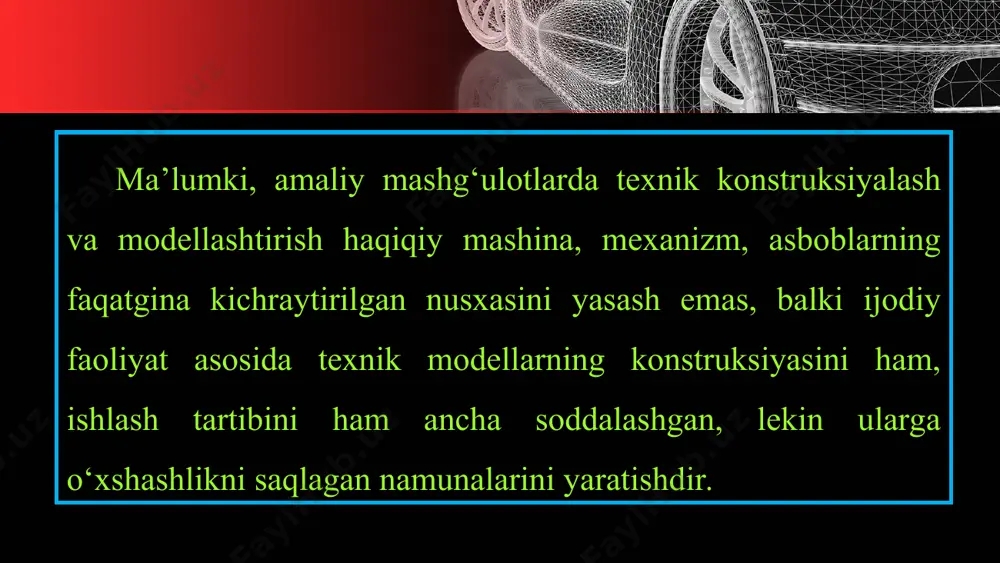 es.com 3. tanlangan asosga kerakli aniqlik yoki о‘zgartirish, unga yangi modelga xos xususiyatlarni kiritish. 4. о‘xshash model bо‘lmagan holda yangi model tasvirini ishlab chiqish. 5. yangi model konstruksiyasini tekshirish va modellashtirish. this presentation uses a free template provided by fppt.com www.free-power-point-templates.com mustahkamlash uchun savollar 1. konstruksiya, model va maket tushunchalarining farqi nimada? 2. texnik modellash deb nimaga aytiladi? 3. modellashtirish nima?