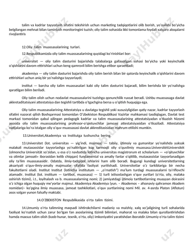 uquqi ham qonunan mustahkamlanganhuquqiy ta’lim-tarbiyani maktabgacha ta’lim muassasasidan boshlash samarali bo’ladi, degan fikrdamiz. 10.o'quvchilar huquqiy savodxonligini oshirish.yoshlardagi yuqori huquqiy ong va madaniyat qonunlar ishlashi, huquqiy davlat qurishda strategik omil ekanligi. o’zbekiston respublikasi o’z mustaqilligining dastlabki kunlaridan boshlab yosh avlodning barkamolligi, mustaqil fikrli va mas’uliyatli bo’lishi hamda milliy istiqlolni qadrlash, milliy qadriyatlarga chuqur hurmat, vatanparvarlik ruhida tarbiyalash, jismonan va ma’nan sog’lom bo’lishi uchun bir qator tizimli ishlarni amalga oshirdi. shu bilan birga, ularning haq-huquqlari, qonuniy manfaatlarining himoyasini ta’minlash maqsadida huquqiy asoslar ham yaratildi.yoshlar orasida huquqiy savodxonlikning pastligi nafaqat, ularning o’zlari uchun, balki jamiyat va davlat uchun ham zararlidir. huquqiy savodxonlikning yetarli emasligi yoshlarning o’z huquqlaridan to’laqonli foydalana olmasliklariga, majburiyatlaridan bexabar qolishlariga sabab bo’ladi. majburiyatlardan bexabarlik yoki harakatlarining huquqiy oqibatini anglamaslik bugungi kunda yoshlar orasida huquqbuzarliklarning sodir bo’lishiga sabab bo’lmoqda. biz huquqiy-demokratik davlat qurishni oldimizga maqsad qilgan ekanmiz, buning uchun huquqiy ongi va madaniyati yuksak yoshlar hal qiluvchi rol o’ynaydi. bunga esa …