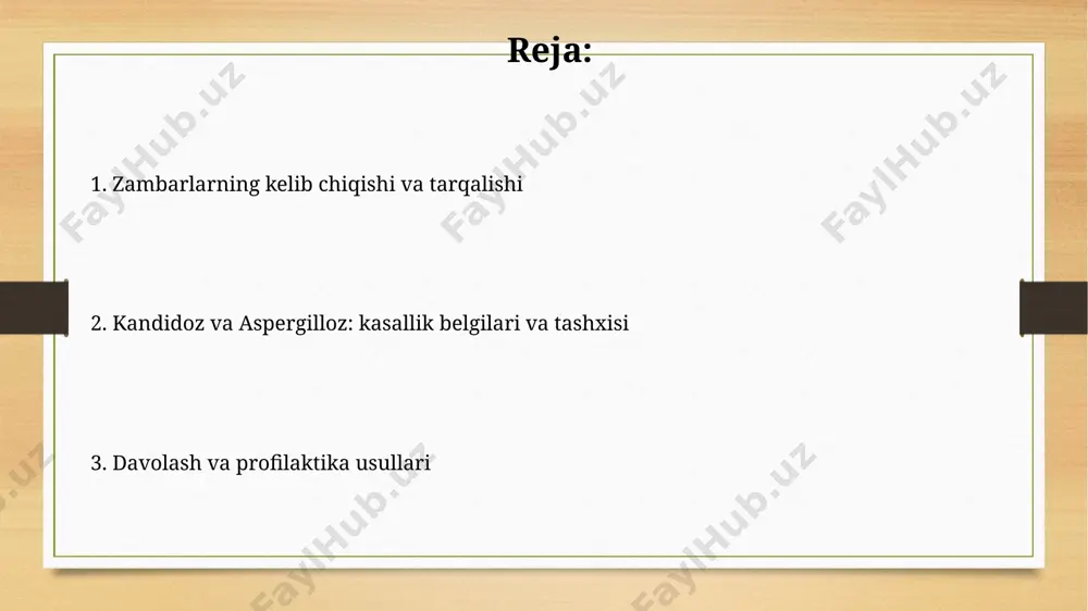 bo'lishi mumkin, ularning patogenligi (kasallik qo'zg'atishi) turli omillarga, jumladan, bemorning immuniteti va qo'ziqorinning virulensiyasiga bog'liq. taxminan 15-20% homilador ayollarda kandidoz aniqlanadi, bu esa gormonal o'zgarishlar, immunitetning pasayishi va glyukoza miqdorining oshishi kabi omillar bilan bog'liq. kandidoz diagnostikasi кандидозни диагностикалашда koh (калий гидроксид) препарати билан микроскопия 10-40% ҳолатларда зиёнини аниқлаш имкониятини беради, бунда псевдогифалар ва споралар кузатилади. кандидоз диагностикасида пзр (полимераза занжир реакцияси) диагностикаси 90% дан ортиқ сезувчанлик ва ўзига хос бўлиш билан турли хил candida турларини аниқлаш имконини беради. aspergilloz diagnostikasi aspergillusning koloniyalarining mikroskopik tekshiruvi va ularning morfologik xususiyatlarini aniqlash diagnostika uchun muhim bo'lib, taxminan 80% hollarda aniq tashxis qo'yish imkonini beradi. ko'krak qafasi kompyuter tomografiyasi (kt) aspergillozning o'pka lezyonlarini aniqlashda yuqori aniqlikka ega bo'lib, odatda 5 mm dan katta o'zgarishlarni ko'rsatadi. kandidozning turli xil shakllari invaziv kandidoz, qon oqimiga tarqalgan holda, juda xavfli bo'lib, o'lim darajasi taxminan 40% gacha yetishi mumkin va tezkor intensiv terapiyani talab qiladi. kandidozning og'iz …