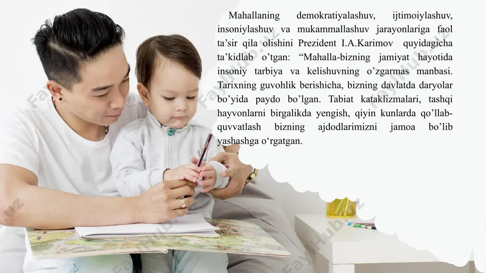 a qariyalarga yordam ko’rsatishi va boshqalar. 3.mahallaning ijtimoiy-pedagogik o‘rni. mahalla o‘sib kelayotgan avlodni tarbiyalashda muhim o’rin tutmoqda. hozirda mahalla bolalar bog’chalari va maktablari bilan yaqin hamkorlik olib borib, ularga ta’mirlash ishlarini olib borishda, tarbiya ishlarida yordam ko’rsatadi. mahalla qo’mitasi majlislarida maktab intizomining jiddiy buzilishlari ham ko’rib chiqiladi. yoshlarga ta’sir ko’rsatishning bu rasmiy tarmoqlaridan tashqari jamoani nazorat qilishning an’anaviy usuli ham saqlanib qolgan. har qanday mahallada boy hayotiy tajribaga ega odamlar mavjud. ularning asosiy vazifasi aholining an’anaviy ahloq-odob qoidalariga rioya qilishlarini, bolalarning ko’chadagi yurish-turishini nazorat qilishdir. ular har qanday odamga tanbeh berishlari mumkin, biroq bu ishni doimo ularning hurmatini saqlagan holda amalga oshiriladi. ota-onalarning bunday munosabatni qadrlashi taqsinga sazovor. shuning uchun “mahalla sening ham otang ham, onang” degan maqol mavjud. boshqa sohalarda namoyon bo‘ladigan milliy tiklanish, xalqning milliy o‘z-o‘zini anglashni faollashtirish orqali bo’ladi. bu ayniqsa, hayotning an’anaviy turmush tarzini saqlab kelayotgan eski shahar mahallalarida yashovchilar orasida yaqqol namoyon bo’lgan. mahalla fuqarolarining …