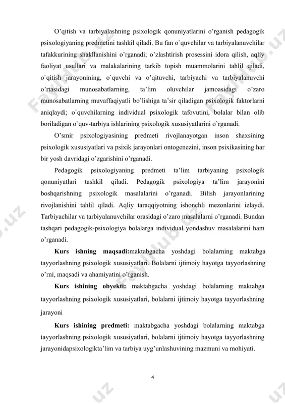 yyorlashning psixologik xususiyatlari, bolalarni ijtimoiy hayotga tayyorlashva maktabgacha yoshdagi bolalarning tarbiyasida samarali foydalanishning ahamiyatini o’rganish; - islohatlarni chuqurlashtirish sharoitida pedagogika va psixologiyaning ilk bolalik va maktabgacha yoshdagi bolalarning psixologik xususiyatlarini shakllantirishdagi roli mazmunining tahlili; - maktabgacha yoshdagi bolalarning psixologik xususiyatlarini va intelektual rivojlanishi masalalarining ta’sirchan psixologik vositalari, uslublarini aniqlash; - maktbgacha yoshdagi bolalar shaxsining rivojlanishi muammosi jarayoninining ilmiy amaliy jihatlarini, tadqiq qilish. kurs ishining tarkibi: kirish, ikki bob, 5 paragraf, xulosa foydalanilgan adabiyotlar ro’yxatidan tashkil topgan. i–bob. ilk bolalik va maktabgacha yoshdagi bolalar psixologik xususiyatlarining metodologik asoslari 1.1. maktabgacha yoshdan bolalarning psixikrivojlanishi ontogenezda 3 dan 7 yoshgacha bo’lgan davr bog’cha yoshi davri hisoblanadi. maktabgacha yoshdagi bolalar psixologiyasida juda tez sifat o’zgarishlari bo’lishini inobatga olgan holda 3 davrga (3-4 yosh) kichik maktabgacha davri (4-5 yosh) kichik bog’cha yoshi o’rta maktabgacha davr (o’rta bog’cha yoshi) 6-7 yosh va katta maktabgacha davr katta bog’cha yoshilarga ajratish mumkin. bola rivojlanish jarayonida kishilik avlodi tomonidan …
