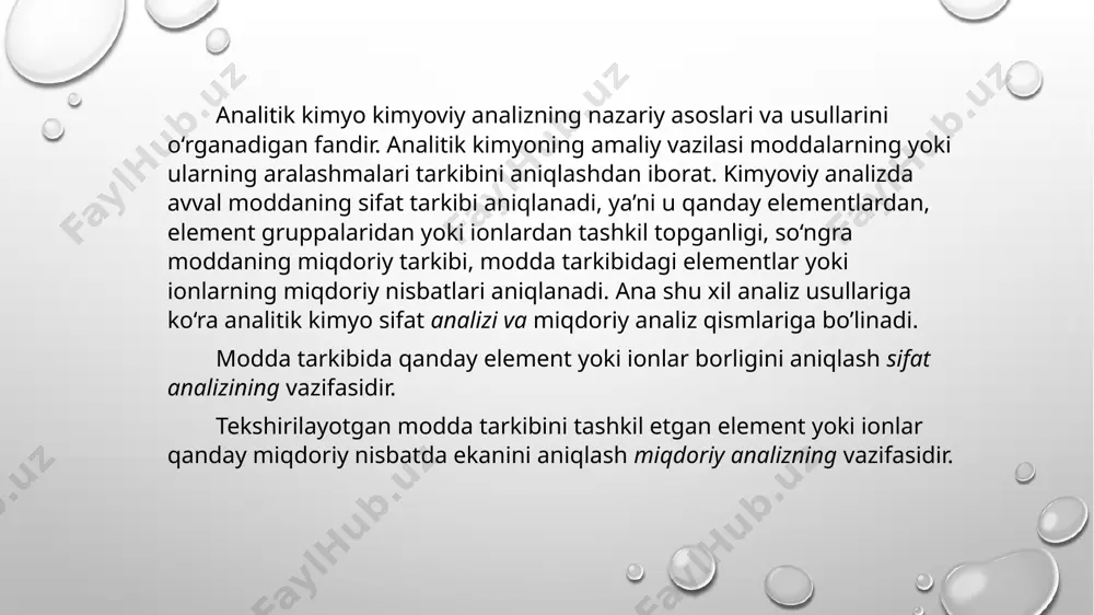asi quyidagicha: aniqlanayotgan ishqor (yoki kislota) ning ma’lum bir miqdordagi eritmasiga byuretkadan titrlangan kislota yoki ishqor eritmasidan ekvivalentlik nuqtasiga yetguncha asta-sekin tomchilab quyiladi. tekshirilayotgan modda tarkibidagi ishqor (yoki kislota) miqdori analiz qilinayotgan namunaning m a’lum miqdorini neytrallash uchun sarf bo‘lgan titrlangan kislota (ishqor) eritmasining miqdori asosida hisoblab topiladi. ekvivalentlik nuqtasini topish. ekvivalentlik nuqtasini, ya’ni qo‘shilgan reaktiv modda (v) ning miqdori titrlanayotgan modda miqdoriga ekvivalent bo‘ladigan nuqtani aniq topish neytrallash usulida ham juda muhimdir. amalda ekvivalentlik nuqtasi indikatorlar yordamida (ular rangining o‘zgarishi orqali) aniqlanadi. buning uchun titrlangan moddaga 1—2 tomchi indikator tomiziladi. neytrallanishning har qaysi jarayonini grafik yordamida titrlash egri chizig‘i ko‘rinishida ifodalash mumkin. bu egri chiziq titrlanayotgan eritmaga standart eritma — titrlangan kislota yoki ishqor eritmasini qo‘shib borish bilan uning ph qiymatining o‘zgarib borishini ifodalaydi. titrlash egri chizig‘i titrlashning turli vaqtlarida eritma ph ining o‘zgarishini kuzatishga, neytrallash jarayoniga o‘zaro ta’sirlashayotgan moddalarning temperaturasi va konsentratsiyasining ta’sirini o‘rganishga, titrlash tugagan nuqtani aniqlashga …