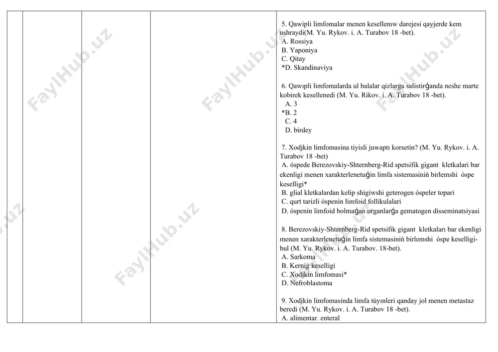 . qitay *d. skandinaviya 6. qawıpli limfomalarda ul balalar qizlarga salistirǵanda neshe marte kobirek kesellenedi (m. yu. rikov. i. a. turabov 18 -bet). a. 3 *b. 2 c. 4 d. birdey 7. xodjkin limfomasina tiyisli juwaptı korsetin? (m. yu. rykov. i. a. turabov 18 -bet) a. óspede berezovskiy-shternberg-rid spetsifik gigant kletkalari bar ekenligi menen xarakterlenetuǵin limfa sistemasiniń birlemshi óspe keselligi* b. glial kletkalardan kelip shigiwshi geterogen óspeler topari c. qurt tarizli óspenin limfoid follikulalari d. óspenin limfoid bolmaǵan organlarǵa gematogen disseminatsiyasi 8. berezovskiy-shternberg-rid spetsifik gigant kletkaları bar ekenligi menen xarakterlenetuǵin limfa sistemasiniń birlemshi óspe keselligi- bul (m. yu. rykov. i. a. turabov. 18-bet). a. sarkoma b. kernig keselligi c. xodjkin limfomasi* d. nefroblastoma 9. xodjkin limfomasinda limfa túyınleri qanday jol menen metastaz beredi (m. yu. rykov. i. a. turabov 18 -bet). a. alimentar. enteral b. násillik. arttirilǵan c. limfogen. gematogen * d. kontakt. jinisiy 10. xodjkın limfomasinda qanday limfoid organlar …