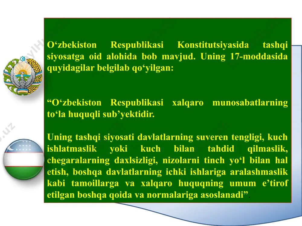 aro manfaatdorlik ustunligi tashqi aloqalarni ham ikki tomonlama, ham ko‘p tomonlama kelishuvlar asosida rivojlantirish, bir davlat bilan yaqinlashish hisobiga boshqasidan uzoqlashmaslik va boshqalar o‘zbekistonning jahon hamjamiyatining to‘laqonli sub'ektiga aylanishi dunyodagi 130 ga yaqin mamlakat bilan rasmiy diplomatik munosabatlar o‘rnatilgan respublikada 88 ta chet davlat vakolatxonalari ro‘yxatdan o‘tgan mamlakatimizda 24 ta hukumatlararo tashkilot, 13 ta nohukumat tashkilotlari ishlab turibdi. dunyodagi 30 dan ortiq davlatda o‘zbekiston elchixonalari va moliya tashkilotlari teng huquqli asosda ishlab turibdi. jahonning 140 mamlakati bilan savdo-iqtisodiy munosabatlar o‘rnatilgan. toshkentda 35 mamlakat o‘z elchixonasini ochgan. 1993 yil fevral oyida toshkentda bmt vakolatxonasi ochildi. 1991 yil 31 avgust o’zbekiston respublikasi mustaqillikka ega bo’ldi. o‘zbekiston respublikasi bugungi kunda o‘zbekistonni 170 dan ortiq davlat tan olgan o‘zbekiston xalqaro hamjamiyatining teng huquqli a’zosi 1992 yil fevralda qo’shilmaslik harakati a’zosiga aylandi. 1992 yil oktyabr parlamentlararo ittifoqqa qabul qilindi. 1993 yil 29 otyabr yuneskoga a’zo bo’ldi. 2001 yil iyun shanxay hamkorlik tashkiloti ga a’zo bo’lib …