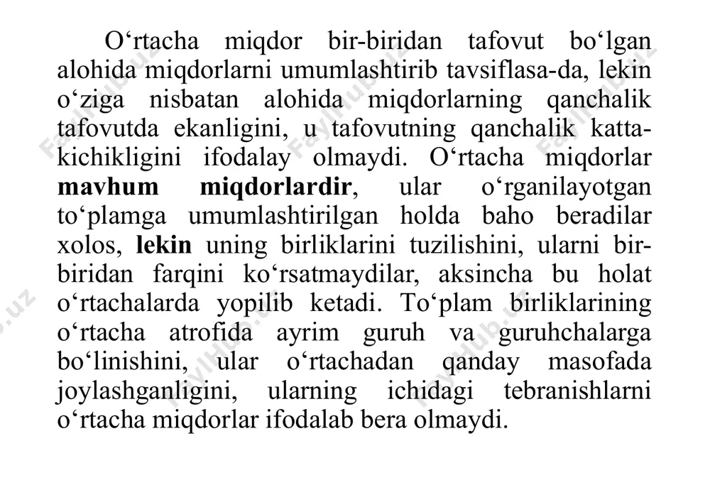 oblanishi kerak. bu yerda ular mohiyati jihatidan bir-biridan keskin farq qilmasligi kerak, miqdoran esa turlicha bo'lishi mumkin. uchinchidan, umumiy to'plam bo'yicha o'rtachani hisoblash bilan birga, to'plamning ayrim bo'laklari uchun ham o'rtachani hisoblash maqsadga muvofiqdir. to'rtinchidan, o'rtacha miqdorlar statistik qonuniyatlarni belgilashda asosiy usullardan biri hisoblanadi. ular katta sonlar qonuniga bo'ysungan holda ommaviy hodisalar, voqealar uchun hisoblanishi kerak. shunday qilib, o'rganilayotgan to'plam yetarli darajada katta bo'lishi kerak. beshinchidan, sifat jihatdan o'zgaruvchi belgilar bo'yicha o'rtacha miqdorlar hisoblanishi mumkin emas. masalan, "o'rtacha millat", "o'rtacha tarmoq", "o'rtacha rang" va h.k. mutlaq va nisbiy miqdorlarning yuqorida kо‘rsatib о‘tilgan bir qancha ustunliklari, ijobiy tomonlari bilan bir qatorda, ularning kamchiligi shundaki, ular о‘rganilayotgan hodisa va jarayonlarga umumlashtirib ta’rif bera olmaydilar. bu vazifani statistikada о‘rtacha miqdorlar bajaradi. о‘rtachalarning mohiyatini tо‘g‘ri tushunish. ularning alohida о‘rni va vaznini aniqlaydi. о‘rtacha miqdor deyilganda bir turdagi hodisaning о‘zgaruvchan belgilari asosida umumlashtirib ta’riflovchi miqdor, kо‘rsatkich tushuniladi. statistikada o'rtacha miqdorlar ikki turga: analitik va tuzilmaviy …