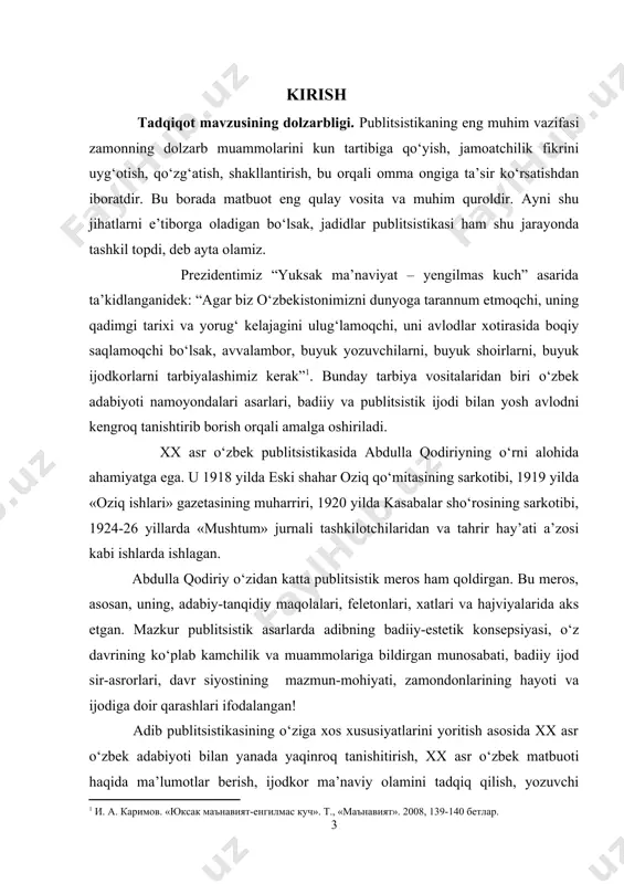 gning o‘rganilish darajasining qiyosiy tahlili. biz tadqiqotimiz obyekti sifatida tanlangan o‘zbek adabiyotining buyuk nomoyondasi o‘zidan katta ijodiy meros qoldirgan ijodkordir. o‘zbek adabiyotshunosligida abdulla qodiriy ijodi keng o‘rganilgan va o‘rganilmoqda. bugungi kunda qodiriyshunoslik yangilanib, yangi-yangi tadqiqotlar yaratila boshlandi. xususan, m.qo‘shjonovning “o‘zbekning o‘zligi” (t., 1994), a.aliyevning “ma’naviyat, qadriyat va badiiyat” (t.,akademiya, 2000. 270-320 betlar), u.normatovning “abdulla qodiriyning bog‘i” (t., 1994), i.g‘aniyevning “ruhiy go‘zallik qismati” (buxoro,1994), a.murodxonovning “iste’dod jozibasi” (t., 1992), hamda “abdulla qodiriynning badiiy dunyosi” (t., 1994), b.karimov “qodiriy qadri” (t., 2004) kabi yangi ruhdagi yangicha tafakkur mevalarini ko‘rsatish mumkin. shuningdek, bir qator ilmiy-tanqidiy va publitsistik maqolalar ham chop etilmoqda . bundan tashqari yangi-yangi yo‘nalishlarda doktorlik va nomzodlik dissertatsiyalari yoqlanmoqda. b.qosimov, m.qo‘shjonov, u.normatov, b.karimov, n.karimov, s.mirvaliyev, m.sharafutdinova, m.xudoyqulov, u.dolimov, d.quronov, i.g‘aniyev, a.murodxonov kabi olimlar uning ijodini keng tadqiq qilishgan va bu jarayon davom etmoqda. mazkur bitiruv malakaviy ishi ham shu jarayonning davomi bo‘lib, bunda asosan abdulla qodiriy publitsistikasining o‘ziga xosligi, jurnalistik faoliyati, …