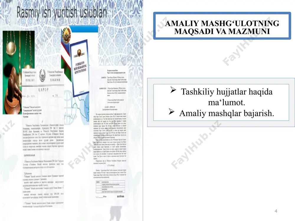 lari va erkinliklariga putur yetkazmasliklari shart. 5. ushbu bitim yuzasidan kelib chiqadigan barcha nizolar qonunda belgilangan tartibda hal qilinadi. 6. ushbu mehnat bitimi yuzasidan nizolar qonuniy asosda hal etiladi. 7. arizaga nikoh guvohnomasining nusxasini ilova qilaman. 16 16 “intcert” metodi asosida quyidagi tayanch tushunchalarni qay darajada bilishingizni bayon qiling: tashkiliy hujjatlar, shartnoma, bitim, nizom. bilaman tanishdim bilmayman tushunarsiz 17 uyga vazifa “tashkiliy hujjatlar va ularning ish yuritishdagi ahamiyati” mavzusida matn tuzing. image1.png image2.jpeg image3.jpeg image4.jpg image5.jpg image6.jpeg image7.jpeg image8.jpeg image9.png image10.jpeg image11.jpg image12.jpeg image13.gif image14.jpeg image15.jpeg audio1.wav image16.jpeg image17.jpeg