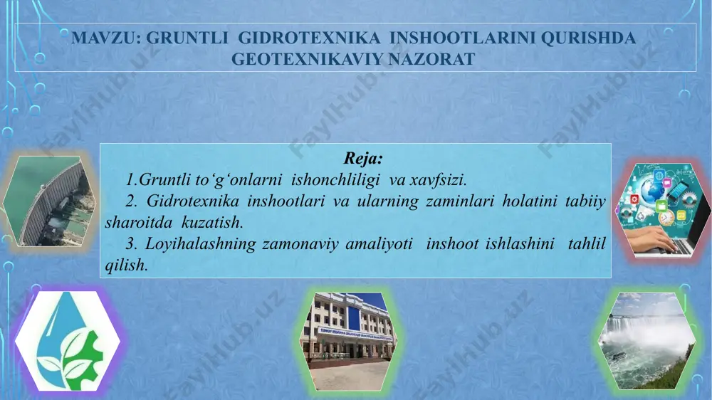 aboratoriya tomonidan о‘tkaziladi. gruntli inshootlarni qurishdan oldin geotexnik laboratoriya karyerdagi grunt tarkibi va tavsifini tekshiruvdan о‘tkazadi va bu ma’lumotlarni loyihaviy kо‘rsatkichlari bilan taqqoslab kо‘radi, shundan sо‘ng karyerlarni foydalanishga yaroqli ekanligi tо‘g‘risida xulosa beradi. bunda quyidagi tavsiflar aniqlanadi: qumloq va gilli gruntlar uchun-donadorlik tarkibi, grunt zarrachalarining zichligi, gruntlarni oquvchanlik va yoyilish chegarasi (gilsimon gruntlar uchun), grunt namligi, eng maqbul (optimal) zichlik, kompressiya tavsiflari, ishqalanish koeffitsiyenti va solishtirma tortishish, filtratsiya koeffitsiyenti; yirik bо‘lakli gruntlar uchun-bir о‘qli siqilishga mustahkamlik chegarasi, donadorlik tarkibi, toshni suvga tо‘yinishida uni yumshash koeffitsiyenti, karyerdagi grunt zichligini tо‘g‘onga yotqizilgan grunt zichligiga nisbati koeffitsiyenti, sovuqqa chidamlilik va suv yutilish. yuvma tо‘g‘onlarni barpo etishda karyer gruntlarini loyihadagi bilan mosligi tekshirib kо‘riladi. bunda qumloq gruntlar uchun –shag‘al va suvda eruvchan tuzlar, gilli va mayda zarrali gruntlar uchun-namlik, organik aralashmalar va suvda eruvchan tuzlar tarkibi, chо‘ziluvchanlik (qayishqoqlik) soni. tо‘g‘onga gruntlar yotqizishdan avval zaminni tayyorlash ishlari olib boriladi. bu ishlar ishlab chiqarish loyihasi va …