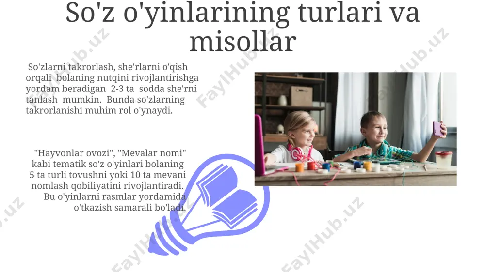 da motorikani talab qiladigan o'yinlar o'rniga, katta harakatlarni o'z ichiga olgan, 2-3ta asosiy qadamdan iborat o'yinlarni taklif qilish maqsadga muvofiq. har bir o'yin davomida kamida 2-3 xil turdagi faoliyatni qo'shish orqali, masalan, qo'shiq kuylash, harakat qilish va predmetlar bilan o'ynashni birlashtirish orqali bolalarning qiziqishini saqlab qolish mumkin. bu ularning bilish qobiliyatlarini rivojlantirishga yordam beradi. e'tiboringiz uchun rahmat @taqdimot_robot image4.jpg image5.jpg image6.jpg image7.jpg image8.jpg image9.jpg image10.jpg image11.jpg image12.jpg image1.jpeg image2.jpeg image3.jpeg