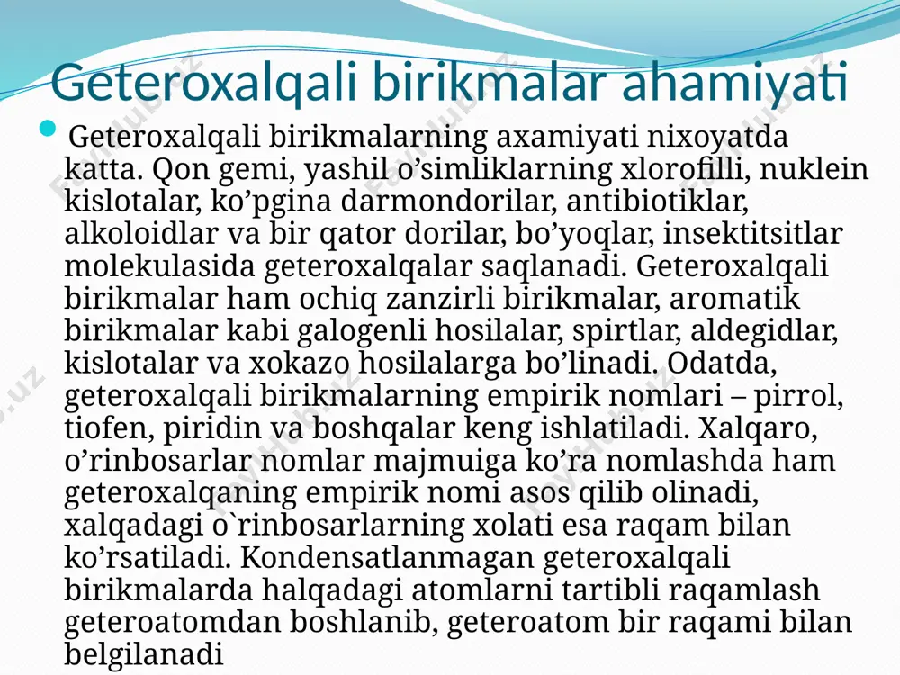 asi, fosfat kislota qoldig’i 10 va ba’zi bir boshqa qoldiqlar saqlanadi. b12 darmondori organizmda normal qon ishlab chiqarish uchun zarur. u, shuningdek, kichik miqdorda xavfli qonsizlikni davolashda ham qo’llanilad indol triptofan triptofan – α-amino-β-(β-indolil)-propion kislota, o’simlik va xayvon organizmidagi polipeptidlar tarkibiga kiruvchi α-aminokislota. u eng muhim almashinmaydigan aminokislota bo’lib, inson ovqatining zaruriy qismidir. triptofan metabolizmining muhim yunalishida u gidroksillanib 5–gidroksitriptofanga o’tadi. keyin 5–gidroksitriptofan dekarboksillanib 5–gidroksitriptomin (serotonin) ga aylanadi serotonin serotonin – bosh miya neyromediatorlaridan biri. organizmda serotonin almashanuvining buzilishi shizofreniya kasalligining kelib chiqishiga sabab bo’ladi. normal xolatda serotonin (5-gidroksi-β-indolil) – sirka kislotagacha oksidlanadi va siydik bilan organizmdan chiqarib yuboriladi. triptofan metabolizmining boshqa yo’nalishida u β-indolilsirka kislota (geteroauksin) ga aylanadi. geteroauksin o’simliklar dunyosida o’simliklar garmoni vazifasini 11 bajaradi. geteroauksin usimliklar o’sishini tezlashtiruvchi tabiiy moddalar guruhiga kiradi va qishloq xo’jaligida keng qo’llaniladi. furan tiofen . tiofen – rangsiz suyuqlik. u toshko’mir qatronidan olinadi. tiofen fizikaviy va kimyoviy xossalari bo’yicha benzolga juda yaqindir. …