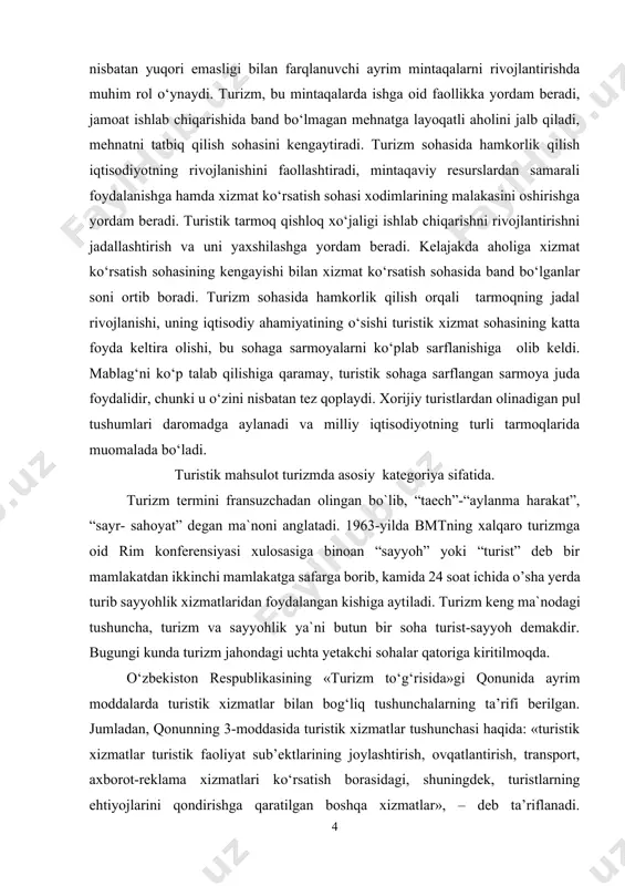 soat ichida o’sha yerda turib sayyohlik xizmatlaridan foydalangan kishiga aytiladi. turizm keng ma`nodagi tushuncha, turizm va sayyohlik ya`ni butun bir soha turist-sayyoh demakdir. bugungi kunda turizm jahondagi uchta yetakchi sohalar qatoriga kiritilmoqda. o‘zbekiston respublikasining «turizm to‘g‘risida»gi qonunida ayrim moddalarda turistik xizmatlar bilan bog‘liq tushunchalarning ta’rifi berilgan. jumladan, qonunning 3-moddasida turistik xizmatlar tushunchasi haqida: «turistik xizmatlar turistik faoliyat sub’ektlarining joylashtirish, ovqatlantirish, transport, axborot-reklama xizmatlari ko‘rsatish borasidagi, shuningdek, turistlarning ehtiyojlarini qondirishga qaratilgan boshqa xizmatlar», – deb ta’riflanadi. qonunning 11-moddasi: «turistik sayohat va turistik xizmatlar majmui», – deb nomlanib, unda quyidagi fikrlar bayon qilinadi – «turistik sayohat yakka tartibda yoki turistlar guruhi tarkibida amalga oshiriladi. turistik mahsulot – turistik xizmatlar majmuini, ya’ni transport xizmati ko‘rsatishni, yashash, ovqatlantirish, ekskursiya xizmati ko‘rsatish, madaniy, sport dasturlarini tashkil etish va boshqa xizmatlarni o‘z ichiga oladi», – deb belgilangan. qonunning 10-moddasi: «turistik xizmatlarni sertifikatlashtirish», – deb nomlanib, unda quyidagi jumlalarni o‘qiymiz: «turistik xizmatlar majburiy sertifikatlashtirilishi lozim. turistik xizmatlarni …
