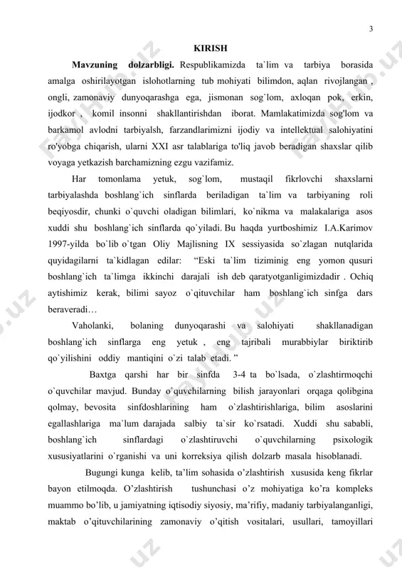 arishlar o’zlashtirish muammosini atroflicha asoslash har tomonlama tadqiq qilish ehtiyojining yanada oshganlidan dalolat beradi. bolalarning o’zlashtirishlarini ta’minlash uchun ularga didaktik ta’sir tadbirlarini ishlab chiqishga ehtiyoj tug’ildi. iqtisodiy va siyosiy sohalardagi barcha islohotlarning pirovard maqsadi yurtimizda yashayotgan barcha fuqorolar uchun munosib hayot sharoitlarini tashkil qilib berishdan iboratdir . aynan shuning uchun uchun ma`naviy jihatdan mukammal rivojlangan insonni tarbiyalash ma`lum va maorifni yuksaltirish milliy uyg`onish xosiyatini ro’yobga chiqaradigan yangi avlodni voyaga etgazish davlatimizning eng muhim vositalaridan biri bo`lib hisoblanadi. umumiy va maxsus bilimlarga ega ongli, tafakkuri bilan turli “izm” lardan ozod , zamonaviy dunyoqarashiga, milliy va umuminsoniy qadriyatlarga voris bo`lgan insonlarga fuqorolik jamiyatini barpo etishga va shakllantirishga qodir bo`ladi. ushbu fikrlardan ko`rinib turibdiki, shaxsda bilim, dunyoqarashi, e‘tiqodining kerakli materiallarni to’plash va psixologik tahlil asosida bayon etish boshlang`ich sinflarda o`zlashtirmovchilikka ta`sir etuvchi omillarni aniqlash, chora tadbirlar tizimini ishlab chiqish shaxs kamolotining asosiy mezoni sanaladi. shu bois o`quvchilardagi o`zlashtirmovchilik muammosini o`rganish muhim sanaladi. bitiruv …