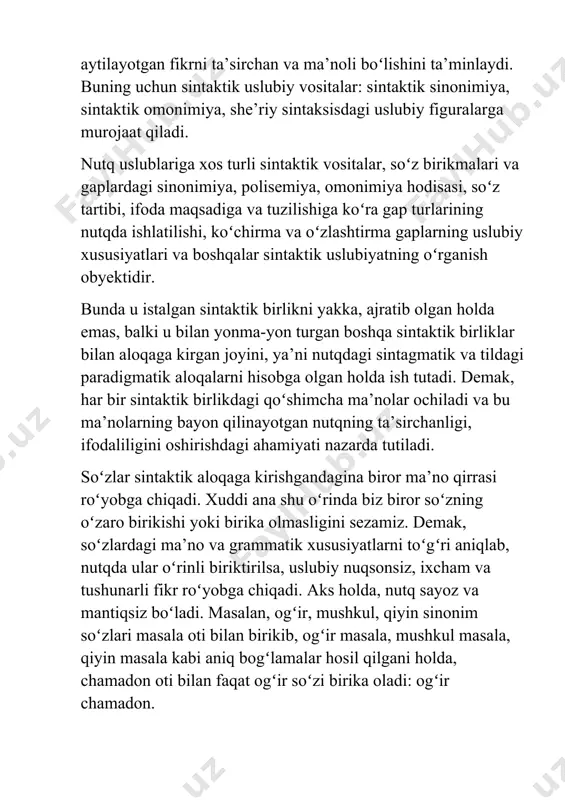 di. soʻzlar sintaktik aloqaga kirishgandagina biror ma’no qirrasi roʻyobga chiqadi. xuddi ana shu oʻrinda biz biror soʻzning oʻzaro birikishi yoki birika olmasligini sezamiz. demak, soʻzlardagi ma’no va grammatik xususiyatlarni toʻgʻri aniqlab, nutqda ular oʻrinli biriktirilsa, uslubiy nuqsonsiz, ixcham va tushunarli fikr roʻyobga chiqadi. aks holda, nutq sayoz va mantiqsiz boʻladi. masalan, ogʻir, mushkul, qiyin sinonim soʻzlari masala oti bilan birikib, ogʻir masala, mushkul masala, qiyin masala kabi aniq bogʻlamalar hosil qilgani holda, chamadon oti bilan faqat ogʻir soʻzi birika oladi: ogʻir chamadon. koʻrinadiki, har bir soʻzning oʻz leksik-grammatik tabiatiga asoslangan bogʻlanish xususiyatlari bor: sifat+ot: katta bino (predmet va uning belgisi); ot+fe’l: ishga kirdi (predmet va uning harakati); ravish+fe’l: yayov yurdi (harakat va uning belgisi) kabi. son bilan sifat birikmaydi. chunki ikkalasi ham predmet belgisini bildiradi. shuningdek, oʻtimli fe’l predmetning doimo tushum kelishigida boʻlishini talab qiladi va hokazo. soʻz birikmasi va sodda gaplardagi valentlik (birikish)da kamida ikki soʻz aloqaga kirsa, qoʻshma …
