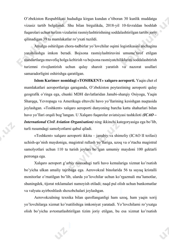 amaliy tajribaga ega. aerovokzal binolarida 56 ta suyuq kristalli monitorlar o’rnatilgan bo’lib, ularda yo’lovchilar uchun ko’rgazmali ma’lumotlar, shuningdek, tijorat reklamalari namoyish etiladi; naqd pul olish uchun bankomatlar va valyuta ayirboshlash shoxobchalari joylashgan. aerovokzalning texnika bilan qurollanganligi ham uzoq, ham yaqin xorij yo’lovchilarga xizmat ko’rsatilishiga imkoniyat yaratadi. yo’lovchilarni ro’yxatga olish bo’yicha avtomatlashtirilgan tizim joriy etilgan, bu esa xizmat ko’rsatish sifatini va madaniyatini ancha yaxshilaydi. hozirgi paytda ―toshkent‖ aeroportida elektron chipta tizimi joriy qilingan. yo’lovchilarni o’zbekiston hududidagi shaharlarga jo’natish yangi mahalliy havo yo’llari (toshkent-3) terminali orqali amalga oshiriladi. bugungi kunda mahalliy havo yo’llarining aerovokzali soatiga 400 ta yo’lovchini o’tkazish qobiliyatiga ega qulay bino hisoblanadi. yo’lovchilarni va bagajlarni ro’yxatga olish uchun sakkizta ustun, dorixona, do’kon, ma’lumot xizmati, shaharlararo telefon va boshqalar mavjud. o’zbekiston mehmonlariga va aholisiga xizmat ko’rsatish uchun aerovokzal binosida qulay mebel bilan jihozlangan katta kutish zallari; tunu kun tartibida ishlovchi pasport, bojxona va chegara nazorati xizmatlari; ma’lumotxonalar; bagajni tashish uchun yangi …