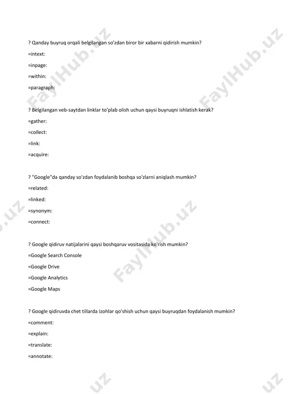 aniqlaydi =foydalanuvchilarni maqolalarini tekshiradi ? qidiruv natijalarini personalizatsiya qilish uchun qaysi vositadan foydalaniladi? =google drive =google maps =google account =google analytics ? "google doodle" nima uchun yaratiladi? =grafik dizayn tanlov uchun =ma'lumotlar bazasini yengilish uchun =ma'noli tarixi tadbir uchun =google search natijalarini o'zgartirish uchun ? qidiruvda foydalanuvchining so'rovini tasdiqlash uchun qaysi vositadan foydalaniladi? =google drive =google maps =google recaptcha =google analytics ? qidiruvda qanday buyruq orqali sayt ichidagi ma'lumotlarni aniqlash mumkin? =site: =find: =explore: =detect: ? learningapps nima? =bir turdagi o'yin platformasi =ta'lim uchun interaktiv mashqlar yaratish platformasi =video montaj dasturi =musiqa yaratish ilovasi ? learningapps qanday ta'lim sohalarida qo'llanilishi mumkin? =faqat matematikada =faqat til o'rganishda =barcha ta'lim sohalarida =faqat tabiiy fanlarda ? learningapps platformasida qaysi turdagi mashqlar mavjud? =faqat matn asosidagi testlar =faqat rasm chizish mashqlari =turli xil, jumladan, matn, rasm, audio, video asosidagi mashqlar =faqat audio yozuvlar ? learningapps da yangi hisob qaydnomasini (account) qanday ochish mumkin? =do'konidan …