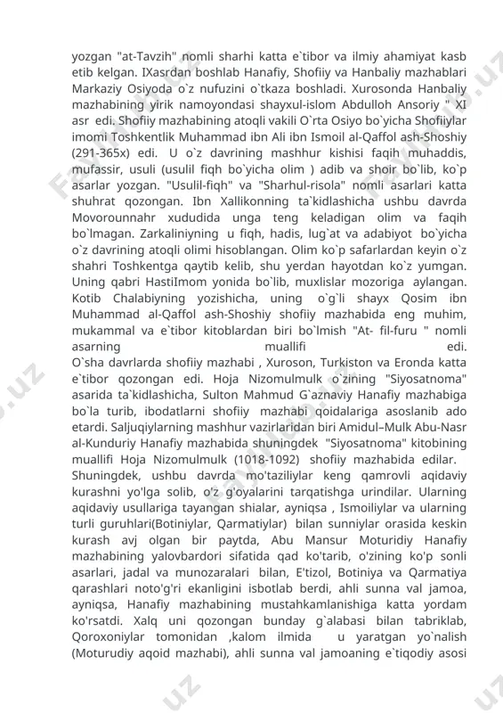 ar tomonidan ,kalom ilmida u yaratgan yo`nalish (moturudiy aqoid mazhabi), ahli sunna val jamoaning e`tiqodiy asosi deb e'lin qilindi. imom moturudiyning ilmiy faoliyati va tinimsiz kurashishi oqibatida e'tizol mazhabiga zarba berilib, qarmatiylar va botiniylar mag'lubiyatga uchrab, botiniylar tog'li badaxshon (hozirda tojikiston va afg'oniston ) hududlariga chekindi. buxoro faqihlari tomonidan usul va furu' bo'yicha yaratilgan keng qamrovli asarlar, shuningdek, kalom ilmi (usulud-din) sohasida yozilgan bir qator kitoblar(masalan, nuriddin sobuniy asarlari ) shundan dalolat beradiki, hanafiy fiqh maktabi rivojida ular ilg'or o'rinda turib, buxoroni movarounnahr atoqli faqihlarining faoliyat markaziga aylantirib kelganlar. ix- x asrlarning murakkab ijtimoiy siyosiy sharoitida samarqandda kalom ilmidan tashqari uslul-fiqh sohasida ham ilmiy ahamiyatga ega bo`lgan ko`p asarlar yaratildi. abu mansur moturudiyning "ma`xazush-shar" yoki "maohizush-shar" va "kitobul jadal" nomli asarlari kotib chalaviy va boshqa olimlar guvohligida usul buyicha yozilgan eng puxta va qimmatli asarlar o`rnida turadi. alovuddin samarqandiy yozgan "tuxfatul-fuqaho" alovuddin abu bakr ibn ma`sudning ushbu asarga yozgan sharhi …