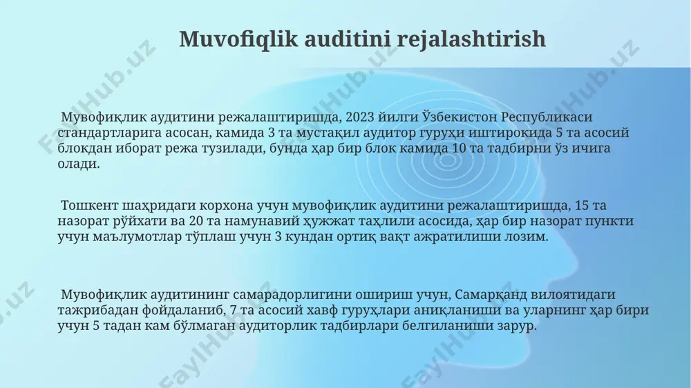 ichiga olgan holda, audit doirasini aniqlash, auditning aniq vaqt jadvali va byudjetini tuzishga, shuningdek, auditning o'z vaqtida va samarali bajarilishini ta'minlashga yordam beradi. umumiy audit rejasining maqsadi, 2023 yil uchun toshkent shahridagi 5 ta yirik korxona moliyaviy hisobotlarining aniqligi va ishonchliligini baholashdan iborat bo'lib, audit doirasini aniq belgilaydi. mijozni va uning biznesini tushunish mijozning ichki nazorat tizimini, jumladan, 3 ta asosiy bo'limning (moliya, sotish va ishlab chiqarish) faoliyatini baholash, farg'onadagi omborlarni tekshirish orqali uning ishonchlilik darajasini aniqlaydi. mijozning moliyaviy hisobotlarini 2022 va 2023 yillar uchun tahlil qilish, toshkentdagi operatsiyalariga e'tibor qaratib, uning biznesining asosiy xususiyatlari va xavflarini aniqlashga yordam beradi. mijozning sanoatdagi raqobatbardoshligi va 5 yillik moliyaviy ko'rsatkichlarini o'rganish, samarqanddagi filial faoliyatini hisobga olgan holda, audit xavflarini aniqlashga yordam beradi. auditning muddatlarini belgilash va monitoring qilish rejalashtirilgan audit muddatlariga rioya qilishni kuzatish uchun, haftalik yig'ilishlar o'tkazish va 2 haftadan keyin oraliq hisobotlarni taqdim etish zarur. auditoriya muddatlarini aniqlashda, masalan, toshkentdagi …