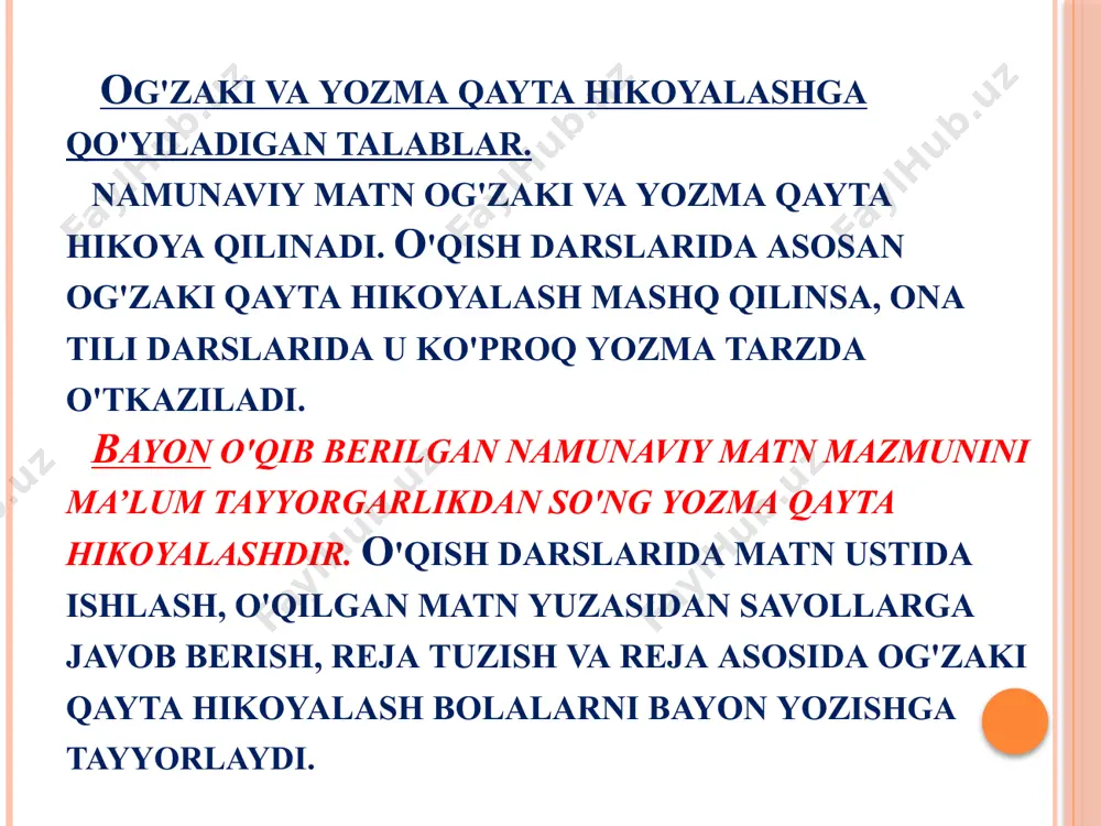 m maqsadi asosida qayta hikoyalashga muntazam o'rgatib borish zarur. to‘liq yoki matnga yaqinlashtirib qayta hikoyalash va bayon qayta hikoya qilish va bayonning bu turi boshqa turlariga nisbatan boshlang'ich sinflarda ko'p o'tkaziladi, chunki bu o'qilgan matnni butun detallari va bog'lanishlari bilan bolalar yodida mustahkamlash, namunaviy matnning mazmuni va tilini o'zlashtirish vositasi bo'lib ham xizmat qiladi. bolalar tez yodlab oladigan kichik matnni, she’riy misralarni buzmaslik uchun she’rni, ayniqsa, butun bir poetik obrazni tasvirlovchi lirik she’rni hikoya qilish tavsiya etilmaydi. to'liq hikoya qilish uchun dastlab aniq sujetli, hikoya uslubida yozilgan matn tanlanadi, keyin bolalar hikoyaga tasviriy (tabiat tasviri, kishilar va boshqa predmetlarning tashqi ko'rinishi tasviri) va muhokama elementlarini kiritishni o'rganadilar. bolalarni o'z fikrini mustaqil yozishga (o'qilgan matnni hikoya qilishga) o'rgatishni, iloji boricha, erta boshlash ma’qul. buning uchun o'quvchilar og'zaki hikoya qilayotganda qo'llagan alohida so'zni yozishdan gapni yozishga, so'ng matn qismlarini yozishga va 2 -sinfdan boshlab maxsus tanlangan kichik matn asosida bayon yozishga o'rgatiladi. …