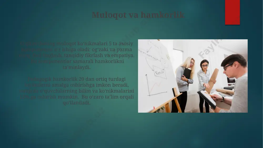 qatnashishi, yangi pedagogik texnologiyalarni o'zlashtirishi va o'z uslubiy mahoratini takomillashtirishi orqali amalga oshiriladi. samarali kasbiy rivojlanish dasturi kamida 3 ta moduldan iborat bo'lib, ular nazariy bilimlarni, amaliy ko'nikmalarni va mentorlikni o'z ichiga oladi, shuningdek, natijalarni baholash tizimini ham o'z ichiga oladi. pedagogik mahorat pedagogik mahorat o'qituvchining 5 ta asosiy kompetensiyasini, jumladan, o'quv rejalarini ishlab chiqish, baholash va darslarni o'tishni o'z ichiga oladi. samarali pedagogik mahoratga ega bo'lgan o'qituvchi o'quvchilarning 80% dan ortig'ini o'zlashtirish darajasini oshirishi mumkin. ota-onalar bilan ishlash ota-onalar bilan samarali muloqotda kamida 3 ta alohida uchrashuvni o'tkazish, har bir uchrashuvda o'quvchining 5 ta asosiy ko'rsatkichini muhokama qilish tavsiya etiladi. ota-onalarning farzandlari ta'limi jarayoniga jalb qilinishi uchun 70% va undan yuqori darajadagi ishtirokni ta'minlash maqsadga muvofiqdir. e'tiboringiz uchun rahmat @taqdimot_robot image6.jpg image7.jpg image8.jpg image9.jpg image10.jpg image11.jpg image12.jpg image13.jpg image14.jpg image15.jpg image16.jpg image17.jpg image18.jpg image19.jpg image20.jpg image21.jpg image22.jpg image2.png image3.png image4.png image5.png