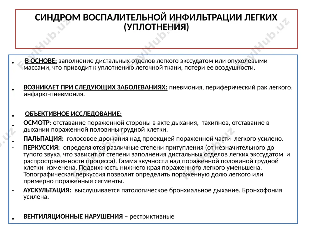 ы легкого на пораженной стороне. - аускультация: над местом проекции скопления жидкости отсутствуют основные и побочные дыхательные шумы, там же отсутствует бронхофония. над местом проекции компрессионного ателектаза выслушивается патологической бронхиальное дыхание; бронхофония усилена. вентиляционные нарушения: рестриктивные. синдром скопления газа (воздуха) в плевральной полости (пневмоторакс) (1) в основе: газ скапливается обычно в верхних отделах плевральной полости, что ведет к спадению (ателектазу) ткани легкого, смещению средостения в здоровую сторону, опущению купола диафрагмы, что может вызвать расстройство функции дыхания и кровообращения. возникает при следующих заболеваниях: результат механического повреждения грудной клетки или легких, заболеваниями легких и органов грудной полости (разрыва воздушных кист при буллезной форме эмфиземы, прорыва абсцесса легкого в полость плевры (пиопневмоторакс), спонтанного разрыва пищевода) или вследствие разрыва каверн, прорыва казеозных очагов при туберкулезе. проникающий в плевральную полость воздух вызывает повышение внутриплеврального давления (в норме оно ниже, чем атмосферное) что приводит к спадению части или целого легкого (ателектазу - частичному или полному коллапсу …