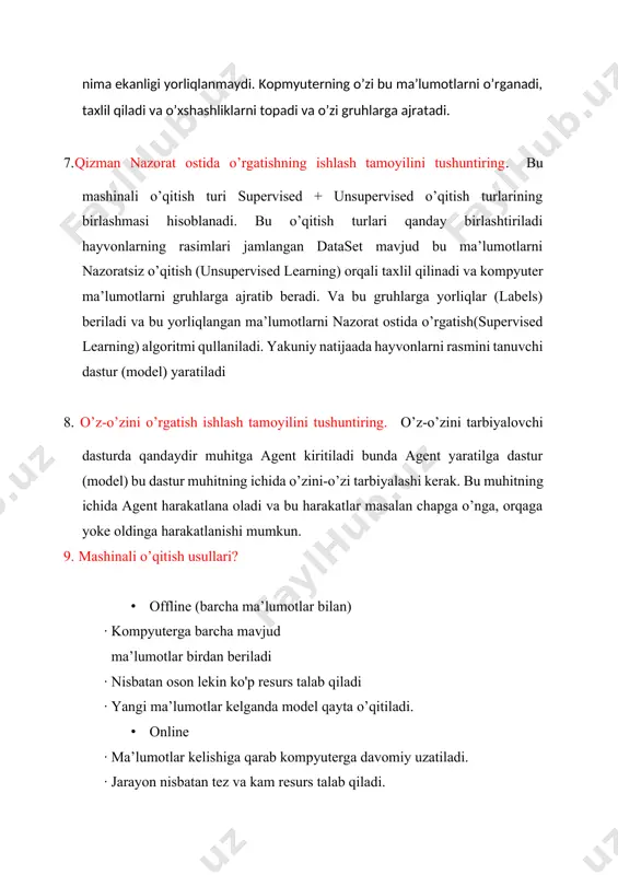 parametrlarni xato tanlash modelning xato ishlashiga sabab bo’ladi · overfitting (haddan tashqari moslashish) · model o’qitish jarayonidagi ma’lumotlarga haddan tashqari moslashishi · underfitting (mos kelmaslik) · tanlangan model berilgan muammo uchun soddalik qiladi va katta xatolik bilan ishlaydi 10. regressiya turlari. regressiya - davomiy qiymatlarni bashorat qilish jarayoni. 2. regressiya turlari. · simple (sodda) regression · simple linear regression (sodda chiziqli regressiya) · simple non-linear regression (sodda chiziqli bo‘lmagan regressiya) · multiple regression · multiple linear regression · multiple non-linear regression 11. oddiy chiziqli regressiya modelining vazifasi nima? oddiy chiziqli regressiya datasetdagi biror x ustuning qiymatlari asosida y ustuning qiymatlari bashorat qilinadi. oddiy chiziqli diyilishiga ham asosiy sabab datasetdagi bitta ustuning qiymatlari asosida natija bashorat qilinadi 12. oddiy chiziqli regressiyada baholash mezonlari qaysilar va ularning formulasi? = 1.3.2-formula = 1.3.3-formula model bashorat qilgan qiymatlar va asl qiymatlar orasidagi farqni toppish uchun mae(mean absolute error) va rmse(root mean square error) hisoblab …