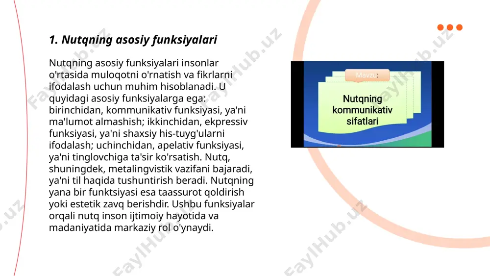 mavjud bo‘lsa, oliy o‘quv yurtlarida bu ko‘rsatkich 7000-10000 so‘zni tashkil etadi. kommunikativlik darajasini oshirish uchun muloqotda kamida 100-200 yangi so‘zni qo‘shimcha qilish talab etiladi. tadqiqotlarga ko‘ra, kunga o‘rtacha 10-15 yangi so‘z o‘rganish orqali yiliga 3650-5475 yangi so‘z boyligi qo‘shilishi mumkin. bu esa shaxsning muloqotda faol ishtirok etishiga yordam beradi. ... t.me/slaydai_bot 7. nutqning lisoniy xususiyatlari nutqning lisoniy xususiyatlari quyidagilardan iborat: ma'no, talaffuz, leksik-grammatik qoidalar. ma'no nutqning asosiy tarkibiy qismi bo'lib, gapni tushunish uchun zarurdir. talaffuz to'g'ri va aniq so'zlashni ta'minlaydi. leksik-grammatik qoidalar esa so'zlarni to'g'ri tartibda va o'zaro bog'lanishda ishlatishni o'rgatadi. o'zbek tili nutqida tovushlar va urg'ular muhim rol o'ynaydi. ovoz balandligi, tezligi va pauzalar ham nutqning ifodali bo'lishiga yordam beradi. lingvistik tahlil nutqning lisoniy xususiyatlarini chuqurchaga qo'yib, yaxshiroq tushunishga imkon beradi. shu bilan birga, so'zlar ma'no jihatdan boy va xilma-xil bo'lib, nutqning ko'rkamligini ta'minlaydi. ... t.me/slaydai_bot nutqiy etiketa qoidalari insonlar orasida muloqot qilganda ahamiyatli rol o‘ynaydi. bu qoidalar odatda …