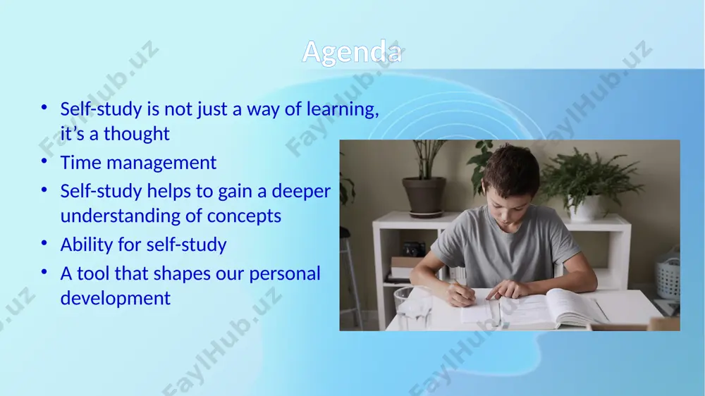 hermore, self-study encourages lifelong learning. the world is constantly evolving and the ability to lrarn independently will serve us well beyond our school years. by cultivating this habit now, we prepare ourselves to adapt to new technologies, ideas and methodologies throughout our lives. personal development’s tool self-study is a powerful tool that shapes our academic experiences and personal development. it fosters independence, enhance comprehension, builds resilience and instills a love for lifelong learning. as we continue our educational journeys, let us embrace self-study as an integral part of our lives – a means to unlock our full potential an dbecome the best versions of ourselves. thank you by risolat daminjonova image1.png image2.jpg image3.jpg image4.jpeg image5.jpg image6.png image7.svg image8.jpg image9.jpg image10.jpeg image11.jpg image12.jpg