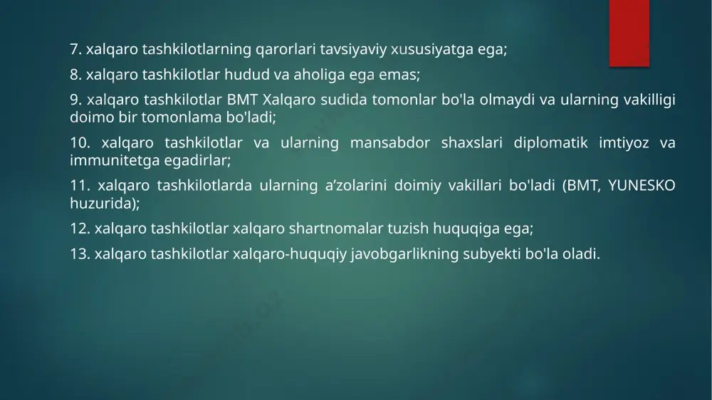 o'mitalar, qo'mitachalar, ishchi guruhlari, kotibiyatdan iborat ancha murakkab tashkiliy tizim tuziladi. hozirgi zamon xalqaro huquqida xalqaro konferensiya har qaysisi bittadan ovozga ega bo'lgan kamida uchta davlatning rasmiy vakillaridan tashkil topgan, uchinchi davlatlar, hukumatlararo va nohukumat tashkilotlaming (ovoz huquqiga ega bo'lmagan) kuzatuvchilari ishtirok etishi mumkin bo'lgan, ishtirokchi davlatlar kelishib olgan maqsadlami ko'zda tutuvchi hamda, qoidaga ko'ra, protsedura qoidalarida qayd etil­gan muayyan tashkiliy tuzilma va vakolatlarga ega muvaqqat jamoaviy organ tushuniladi. hozirgi zamon xalqaro huquqida xalqaro konferensiya har qaysisi bittadan ovozga ega bo'lgan kamida uchta davlatning rasmiy vakillaridan tashkil topgan, uchinchi davlatlar, hukumatlararo va nohukumat tashkilotlaming (ovoz huquqiga ega bo'lmagan) kuzatuvchilari ishtirok etishi mumkin bo'lgan, ishtirokchi davlatlar kelishib olgan maqsadlami ko'zda tutuvchi hamda, qoidaga ko'ra, protsedura qoidalarida qayd etil­gan muayyan tashkiliy tuzilma va vakolatlarga ega muvaqqat jamoaviy organ tushuniladi. xalqaro konferensiyalarga qo'yiladigan asosiy talabga ko'ra, har qanday xalqaro konferensiyaning maqsadi va faoliyat yo'nalishi xalqaro huquqning asosiy prinsiplariga mos bo'lishi shart. hukumatlararo konferensiyalarning …