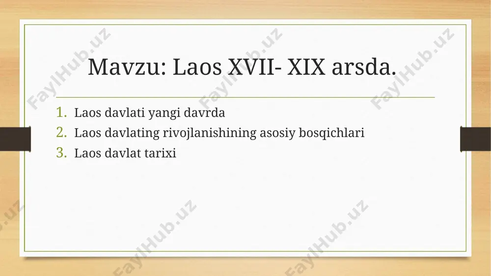 iga oʻtdi. 1893-yilda luangprabang fransiya protektoratiga aylantirildi. shundan keyin sharqiy tyampatsak va sobiq vyentyan knyazligi hududi mustamlaka sifatida fransiya laosi nomi bilan hindixitoy ittifoqi tarkibiga kirdi. laos xalqi fransiya hukmronligiga qarshi bir necha marta qoʻzgʻolon koʻtardi (1901—07; 1910—36). 1936—38 yillardagi milliy ozodlik harakati laos, vyetnam va kambodja xalq-demokratik harakati tusini oldi. ikkinchi jahon urushi davrida mamlakatni yaponiya bosib oldi. 1946-yilning boshida fransuz qoʻshinlari laosni yana ishgʻol qildi. 1950-yil 13-avgustda oʻtkazilgan xalq vakillari sʼyezdila laos birlashgan milliy fronti (neo lao itsala) tuzildi. tonya. laos 1953-yil oktabrda xalq ozodlik armiyasi tazyiqi ostida fransiya laosni mustaqil qirollik sifatida tan oldi, biroq 1954-yil jeneva bitimidan keyingina uning mustaqilligi xalqaro miqyosda tanildi va fransiya qoʻshinlari bilan vyetnam xalq koʻngillilari laosdan olib chiqib ketildi. 1955-yil dekabrda laos bmtga aʼzo boʻldi. neo lao itsalaning nomi 1956-yil 6-yanvarda oʻtkazilgan 2-sʼyezdda laos vatanparvarlik fronti (lvf) deb oʻzgartirildi. biroq 1958-yil hokimiyat laos oʻng kuchlari qoʻliga oʻtdi. lvf faoliyati taqiqlandi. 1960-yil …