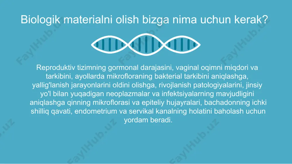 kroskopiyasi uchun tibbiy laboratoriyaga yuboriladi. keyin surtmalarni maxsus bo'yoqlar bilan bo'yaladi bo’yash asosan gram usulida amalga oshiriladi so'ngra olingan surtmalar mikroskop ostida ko’riladi. hujayralar va bakteriyalarning turli qismlari turli xil ranglarda bo'yaladi, bu siydik yo'li, vagina va bachadon bo'yni qismlarini baholashga imkon beradi. bunda surtmalar bir-biridan hujayra tarkibi va patogen va patogen bo'lmagan mikroorganizmlarning yashash sharoitlari bilan farq qiladi. 01 02 03 04 leykotsitlar eritrotsit epiteliy to’qimalarining o’rtacha miqdori normal xisoblanadi. agar miqdori oshadigan bo’lsa yallig’lanish jarayonini ko’rsatadi aksincha kam miqdorda bo’ladigan bo’lsa esterogen gormonining yetarli darajada ishlab chiqarilmasligini ko’rsatadi. epiteliy kam miqdorda yoki umuman bo’lmaydi. bachadon bo’yni kanalining sekretsiyasining maksimal sutkalik tezligi 5 ml ni tashkil qiladi shilliq ko’rib chiqiladigan qismlar viruslar, bakteriyalar va infektsiyalardan himoyalanishni ta'minlab, ular ko'rish sohasida bo'lishi mumkin, lekin qin indikatoridan - 10, bachadon bo'yni - 30, uretra - 5 dan oshmasligi kerak. patogen flora gram musbat tayoqlar, "gr +". laktobakteriyalar va dederlein tayoqchalari ko'p …