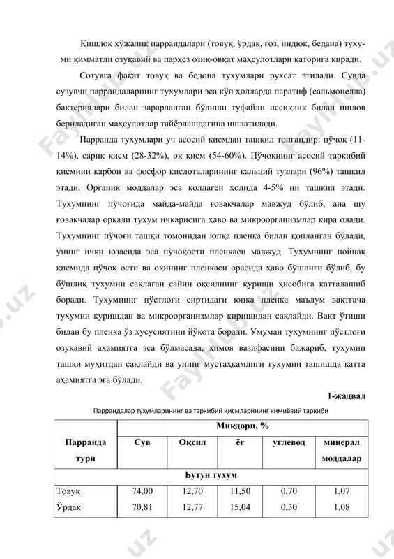 юк 48,3 16,30 33,30 0,90 1,30 оқ қисми товуқ 87,90 10,60 0,03 0,90 0,60 ўрдак 86,80 11,30 0,08 1,00 0,80 ғоз 86,70 11,30 0,04 1,20 0,80 индюк 86,50 11,50 0,03 1,30 0,70 тухум таркибида инсон организмининг нормал ривожланиши учун зарур бўладиган ҳамма моддалар мавжуддир (44-жадвал). айниқса товуқ тухуми юқори озуқавий қийматга эга эканлиги, лецитин, темир, кальций тузларига ҳамда a, d, e витаминларига бойлиги учун парҳез ва даволаш мақсадларида ишлатилади. лекин, жигар, атеросклероз касалликларида ва қарияларга тухумни истеъмол қилиш тавсия этилмайди. ўрдак ва ғоз тухумларида оқсил ва ёғ миқдори бирмунча кўпроқ бўлади. тухум массасининг асосий қисмини оқлик қисми ташкил этади. тухум оқи таркибида сув, оқсил моддалари, ёғлар, углеводлар ва минерал моддалар бўлади. тухум оқи таркибида сув миқдори сариғидагига нисбатан қарайиб икки баравар кўпдир. тухум оқи оқсили овальбумин (70%), овамукоид, кональбумин, муцин ва лизоцимдан ташкил топгандир. тухум лизоцими бактерияларнинг ривожланишига қарши таъсир кўрсатиш хусусиятига эгадир. тухум сариғи юпқа тиниқ қобиқ ичига жойлашган …
