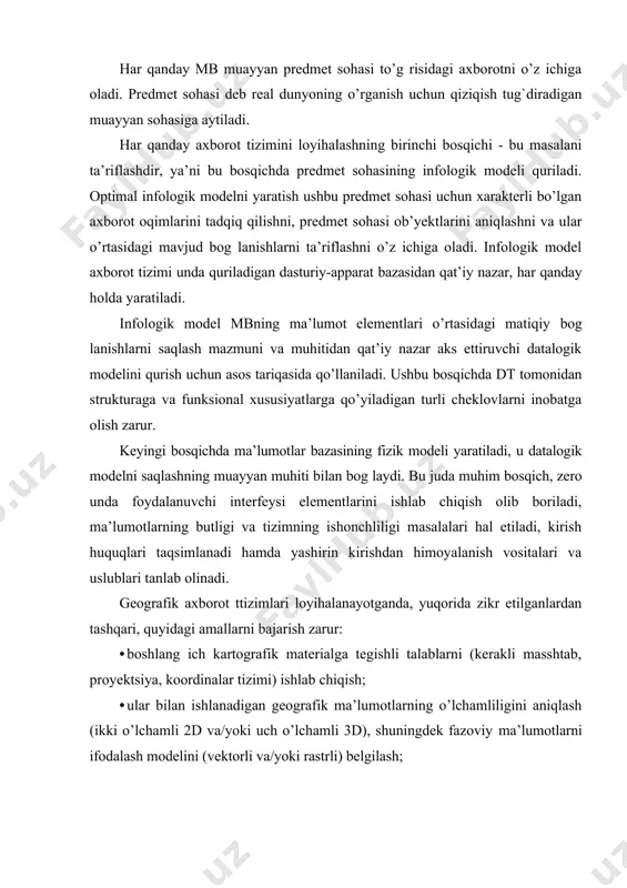 maqsadida ma’lumotlarga ishlov berish tizimining muayyan komponentlarini boshqarish uchun mo’ljallangan komandalar va ularga tegishli ma’lumotlar ketma-ketligi. dasturiy ta’minot (dt, software) - tizim dasturlari va shu dasturlarni ekspluatastiya qilishda zarur bo’ladigan dasturiy hujjatlar majmui. tizimli va amaliy dasturiy ta’minotlar farqlanadilar. tizimli dt (system software) - turli masalalarni yechishda, shuningdek yangi dasturlarni ishlab chiqishda butun hisoblash kompleksining ishini muvofiqlashtirish uchun zarur bo’lgan dasturlarni o’z ichiga oladi. amaliy dt (application software) ehm foydalanuvchilarining muayyan masalalarini yechish uchun ishlab chiqiladi va foydalaniladi. gat dt (gis software) gatning u yoki bu funksional imkoniyatlari to’plamini qo’llab-quvvatlaydi hamda quyidagilar kabi ixtisoslashtirilgan dasturiy vositalarni o’z ichiga oladi: · universal to’lafunksional gatlar (full gis); · instrumental gatlar (gis software tools); · kartografik vizualizatorlar (map viewer); · kartografik brauzerlar (map browser); · stolusti kartografiyalashi vositalari (desktop mapping); · axborot-ma’lumotnoma tizimlari (help-desk system). bundan tashqari, alohida funksional guruhlarga xizmat ko’rsatuvchi maxsus dasturiy vositalar ham mavjud: · formatlarni konvertastiyalash; · raqamlash; · …