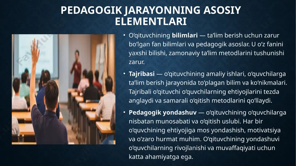 -atvor, ijtimoiy qadriyatlar va mas’uliyatga o‘rgatishda bu usulni qo‘llaydi. bu usulda o‘qituvchi o‘quvchilarga doimiy ravishda tahrir, maslahat va rag‘bat beradi. o‘rganish va mustahkamlash (rekapitulyatsiya): o‘qituvchi oldingi o‘rganilgan materiallarni takrorlash orqali o‘quvchilarning bilimlarini mustahkamlaydi. bu usul orqali o‘quvchilar mavzuni yaxshiroq tushunadi. guruhli muomala: o‘quvchilarni guruhlarga bo‘lib, birgalikda ishlashga undash. bu usul ijtimoiy ko‘nikmalarni rivojlantirishda yordam beradi. individual muomala: o‘qituvchi o‘quvchining shaxsiy ehtiyojlariga mos ravishda yordam ko‘rsatadi. bu usul o‘quvchilarga o‘z qobiliyatlarini yaxshiroq rivojlantirishga imkon beradi. har bir usul o‘quvchilarning ehtiyojlari va mavzuning xususiyatlariga qarab tanlanadi. o‘qituvchining muomala usullari 2. demokratik usul: o‘quvchilarni jarayonga faol jalb etish va ularga qaror qabul qilishda imkon berish. 3. avtoritar usul: o‘qituvchining qat'iy boshqaruvi. avtoritar usul — bu o‘qituvchining ta’lim jarayonida yuqori darajada nazorat o‘rnatib, qat’iy va buyuruvchi tarzda o‘quvchilarga ta’lim berish usulidir. o‘qituvchi o‘z fikrini to‘liq hukmronlik bilan taqdim etadi va o‘quvchilardan mustahkam intizom va ijro etish talab etiladi. avtoritar usulning asosiy xususiyatlari: o‘qituvchi o‘z …