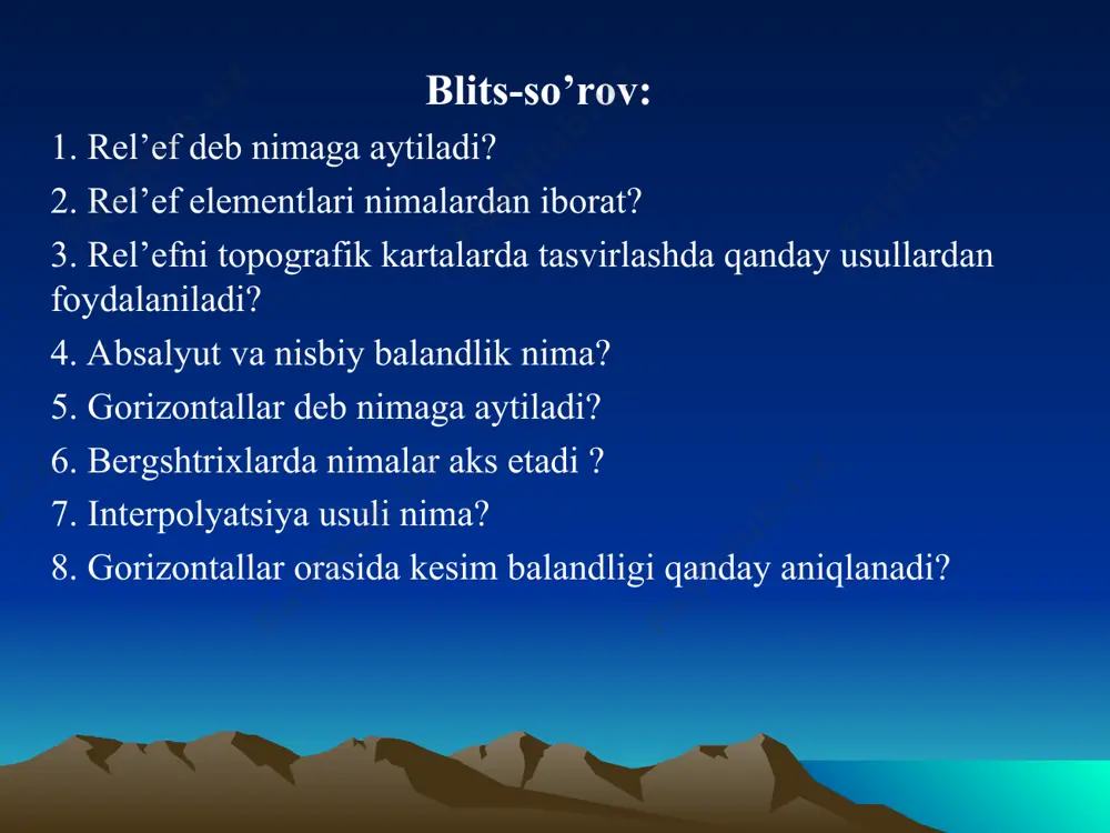ida; qozogʻiston), mingbuloq botigʻi — 12 m (qizilqumda; oʻzbekiston). mutlaq balandlik nivelirlash yordamida aniqlanadi. mutlaq balandlikka misollar nisbiy balandlik yer yuzasidagi ikki nuqta orasidagi tik balandlik, u mutlaq balandliklar orasidagi farqqa teng. masalan tog` choʻqqisi bilan yaqin joylashgan vodiy tubi orasidagi tik balandlik yoki daryo ikki qirgʻogʻining birbiridan balandligi. rel`yefni tasvirlash usullari: perspektiv relyefning mutlaq yoki nisbiy balandliklari zarur emas, faqat suv ayirg`ichlarning umumiy joylashishi, asosiy tog` tizmalari yo`nalishini bilish kerak, shtrixlar gorizontallar bir xil balandlikli chiziqlardir. izobatalar geografik kartalarda dengiz va okeanlarning suv osti relyefi ham ko`rsatiladi, ular izobatalar deb yuritilib, mayda masshtabli gipsometrik kartalarda tasvirlanadi va chuqurliklar shkalasi har xil bo`ladi. gorizontallar perspektiv, shtrixlar va boshqa usullarda tasvirlangan relyefni o`qish oson ko`rinsa-da, nisbiy balandliklarni to`g`ri aniqlab bo`lmaydi. shuning uchun xix asr oxirlariga kelib gorizontallar usulidan foydalanila boshlandi. bergshtrix - gorizontal chiziqlarga perpendikulyar bo'lgan qisqa chiziqlar. 1-topshiriq. № relyef elementlari nomi tabiiy geografik tavsifi topografik kartalarda qaysi usullar bilan …