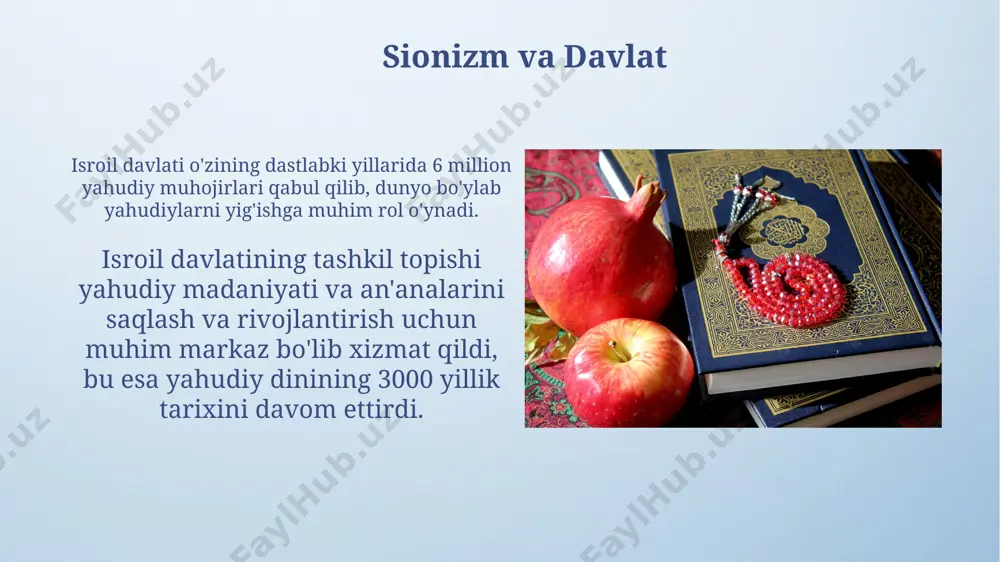 7 yilda bir marta oʻtkaziladigan shmita yili mavjud boʻlib, bu yilda yerlar dam olinadi va qarzlar bekor qilinadi, bu yahudiy qonunlarining agrar va ijtimoiy jihatlarini aks ettiradi. sinagogalar, yahudiy hayotining markazi boʻlib, tora oʻqish, bayramlarni nishonlash, nikoh va dafn marosimlari kabi muhim marosimlarni oʻtkazish uchun xizmat qiladi. yahudiylikning asosiy tamoyillari kosher qonunlari oziq-ovqat mahsulotlarini tayyorlash va isteʼmol qilish boʻyicha qoidalarni oʻz ichiga oladi, masalan, goʻsht va sut mahsulotlarini birga isteʼmol qilish taqiqlanadi. yahudiylikda 613 ta miso (buyruq) mavjud boʻlib, ular tavrotda bayon etilgan va hayotning barcha jabhalarini – ibodatdan, axloqdan tortib, oziq-ovqat qonunlarigacha qamrab oladi. tavrot va uning ahamiyati tavrotda 613 ta misol keltirilgan bo‘lib, bu buyruqlar yahudiy hayotining barcha jihatlarini, shu jumladan, ibodat, axloq va kundalik hayotni qamrab oladi. tavrotni o‘qish va o‘rganish yahudiy an’analarida juda muhim ahamiyatga ega bo‘lib, haftalik shabbat marosimlarida muqaddas matn sifatida o‘qiladi va talqin qilinadi. yahudiy madaniyati va san'ati kosher qoidalari, yahudiy oshpazlik madaniyatining …