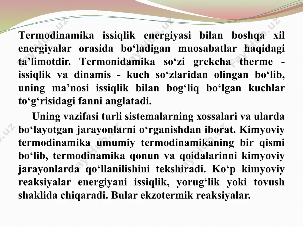 ki yutilgan issiqlik miqdori gidratlanish issiqligi deyiladi. suvsiz tuz bilan suvdan 1 mol tuz gidrati hosil bo‘lishda ajralib chiqadigan issiqlik miqdori gidratlanish issiqligi deyiladi. neytrallanish issiqlik effekti 1mol-ekv.kislota bilan 1 mol-ekv. ishqorning o‘zaro ta’siri natijasida ajralib chiqadigan issiqlik miqdori neytrallanish reaksiyasining issiqlik effekti deb ataladi. 4.3. erish issiqligi. erish—moddalarning issiqlik taʼsirida qattiq (kristall) holatdan suyuq holatga o‘tish jarayoni. sof moddalarning erish jarayoni erish temperaturasiga bogʻliq. erish vaqtida qattiq holatdagi atomlarning joylashish tartibida fazoviy kristall panjara buziladi. kristallda atomlar muvozanat vaziyatlari atrofida tebranadi. temperatura koʻtarilgan sari tebranishlar amplitudasi ortib boradi va muayyan kritik kattalikka yetadi, shundan keyin panjara buziladi. modda eriganda hajmi kengayadi, bosim oshishi bilan erish temperaturasi ham ortib boradi. ayrim moddalar (muz, metall va metalloid) eriganda hajmi kichrayadi va bosim ortishi bilan erish temperaturasi pasayadi. bir mol moddaning to‘la erishidan ajralgan yoki yutilgan issiqlik miqdori erish issiqligi deyiladi. solishtirma erish issiqligi—izobarik-izotermik tizimda bir kilogramm moddani kristall holatdan suyuqlikka oʻtkazish …