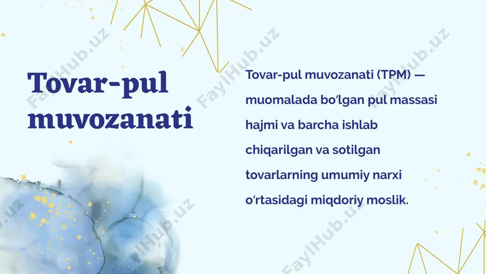 gan miqdoriy nisbatidir. masalan, bitta bolta 20 kg donga ayirbosh qilinadi. ayirbosh qilinadigan tovarlarning bu miqdoriy nisbatida ularning almashuv qiymati ifodalanadi. qiymatning mehnat nazariyasi tarafdorlari а.smit, d.rikardo, u.petti, j.s.mil fikriga ko‘ra, tovarlar qiymatining umumiy asosi bo‘lib mehnat hisoblanadi, shu sababli ular ma’lum miqdorlarda bir-biriga tenglashtiriladi. tovarlarning og‘irligi, hajmi, shakli va shu kabi tabiiy xususiyatlaridan birortasi qiymatning umumiy asosi bo‘la olmaydi. ayirboshlashning zarur sharti bo‘lib tovarlarning turlicha nafliligi hisoblanadi. biroq, turli tovarlarning nafliligi sifat jihatidan farq qilish bilan birga miqdoriy o‘lchamga ega emas. miqdor jihatdan taqqoslash uchun tovarlarda mavjud bo‘lgan umumiy narsa-ularni yaratish uchun sarflangan mehnatdir. tovarlar o‘lchovdosh bo‘lishining boisi shuki, bularning hammasi umuman inson mehnati mahsulidir, ya’ni inson kuchi, miyasi, mushagi, asablari va hokazolari sarfning mahsulidir. tovarda mujassamlashgan ijtimoiy mehnat uning qiymatini tashkil qiladi. bu qiymat tovar ayirboshlaganda ko‘rinadi, shuning uchun almashuv qiymati, ya’ni iste’mol qiymatlarini ayirboshlash nisbati shakli bo‘lib, uning ichki mazmunini tashkil etadi. bu holat l.m.kulikov tomonidan qiymat …