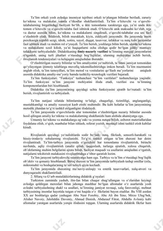 da o‘qituvchi o‘zini va dars berish usullarini bir oz bo‘lsa-da o‘zgartirishga majbur. chunki ular o‘zaro funksional bog‘liqdirlar. didaktikaning maqsadi mana shu o‘zgarishlarni asoslab, ta’lim-tarbiya jarayonini muayyan qonuniyatlar asosida kechishini nazariy tomonidan asoslab berishdan iboratdir. didaktika o‘z tadqiqotlarini olib borish jarayonida quyidagi an’anaviytadqiqot usullaridan foydalanadi: tarixiy va ilmiy adabiyotlarni tahlil qilish, o‘quv-uslubiy hujjatlarni o‘rganish, fanlardan bilim berish amaliyotini sintezlash, statik usullar, maqsadli suhbat, qiyosiy tasnif, taqqoslash va hokazo. shu bilan birgalikda, didaktikada nisbatan yangi hisoblanuvchi – majmuaviy yondoshuv, grafoanalitik, matematik modellashtirish, sotsiologik tadqiqot usullaridan ham foydalaniladi. yaxlit ta’lim-tarbiya jarayonida didaktika fanining vazifalari: birinchi vazifasi– bilim egallash va ularni ko‘nikma va malakaga aylantirish qonuniyatlarini aniqlab berish. bu borada didaktika ancha yutuqlarga erishgan bo‘lib, ta’lim-tarbiya jarayonini amalga oshirishning quyidagi qonuniyatlarini, ya’ni tamoyillarini aniqlagan. bularga: bilimni uzatishda ilmiy asoslab berish, ta’lim oluvchilar imkoniyati va yosh xususiyatlaridan kelib chiqish, ko‘rgazmalilik, muntazamlik, ta’lim va amaliyot birligi, onglilik va faollik, tizimlik va izchillik, ta’lim va tarbiyaning birligi …