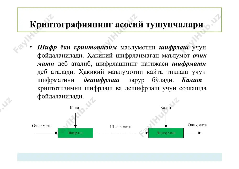 чига келганида эса яна оддий матн кўринишига қайтарилади. умумий ҳолда маълумотни шифрлашдан асосий мақсад (симметрик ёки очиқ калитли криптографик тизимлар асосида фарқи йўқ) – маълумотни махфийлигини қолганлардан сир тутишдир. криптография ва стеганография криптографиянинг асосий бўлимлари симметрик калитли криптография. маълумотни шифрлашда ва дешифрлашда ягона калитдан (симметрик калитдан) фойдаланилади. шунинг учун ҳам симметрик калитли криптотизимларни – бир калитли криптотизимлар ҳам деб юритилади. бундан келиб чиқадики, симметрик калитли шифрлаш алгоритмларидан фойдаланиш учун ҳар иккала томонда бир хил калит мавжуд бўлиши зарур. очиқ калитли криптография маълумотни шифрлаш қабул қилувчининг очиқ калити билан амалга оширилса, уни дешифрлаш қабул қилувчининг шахсий калити билан амалга оширилади. шунинг учун ҳам очиқ калитли криптотизимларни – икки калитли криптотизимлар деб ҳам юритилади. криптографиянинг асосий бўлимлари 3. хеш функциялар – маълумотни хэшлаш унинг бутунлигини кафолатлаш мақсадида амалга оширилиб, агар маълумот узатилиш давомида ўзгаришга учраса, у ҳолда уни аниқлаш имкони мавжуд бўлади. – хэш-функцияларда ўзгарувчан бўлиб, қайтаради. одатда кирувчи маълумотнинг узунлиги чиқишда …