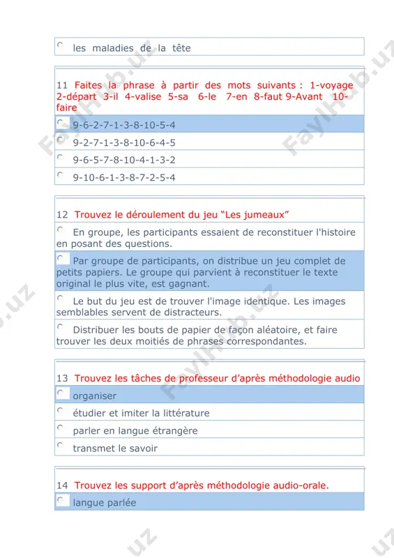 rmation définition du projet/plannification de projet determination des aspects elaboration du produit/précision du but 35 quelle conjunction utilise-t-on pour exprimer la conséquence ? «car» «ou» «donc» «mais» 36 trouvez les theme de vocabulaire d’après le niveau b1. le système educative, les études la météo, les objets personnels la famille, les relations, les personnes les moyens de transport, le logement 37 trouvez le synonyme du verbe mettre en garde se relever faire attention être d’accord se rétablir 38 trouvez la réponsescorrecte! l’action de la subordonnée et de la principale se passé en même temps, le verbe de la complétiveest au present lorsquecelui de la principaleest au present. postériorité antériorité simultanéité subordonné 39 mettez le pronom relatif qui convient : voici le monument historique .... la façade est orné de mosaïques. qui que dont où 40 retour sur le produit/formulation de nouveaux objectifs. ce sont ……… les caractéristiques qui correspondent à l’integration …