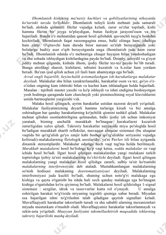 ishining hislatlari namoyon bo'ladi. mehnat faoliyati tufayli kishida tafakkur, qobiliyatlar, qiziqishlar rivojlanadi, iroda mustaxkamlanadi, xarakter tarkib topadi. mehnat kishida turli his-tuyg'ular uyg'otadi, kishilarning sog'ligl va psixik holatiga ta'sir ko'rsatadi. mehnatning jismoniy va aqliy turlari mavjud bo'lib, har ikkisi ham o'ziga hos kechadi. i.p.pavlov shunday yozgan edi:"men butun umrim davomida aqliy mehnat bilan jismoniy mehnatni yaxshi ko'rib keldim...jismoniy mehnatni xatto ko'priq qadrlayman..." tashabbus namoyon bo'ladigan, qandaydir bir yangilik yaratiladigan, ish jarayoniga o'zgarish kiritiladigan har qanday mehnat turi ijodiy xarakterga ega bo'ladi. biror mehnat vazifasini orginal ravishda hal q'dishga yoki faoliyatning ijtimoiy qiymatga ega yangi moddiy yoki ma'naviy mahsulotim yaratishga ijod deyiladi. mehnat ijodiy xarakterga ega bo'lishi uchun, avvalo kishi amal qiladigan g'oya bo'lishi kerak. ijod ishga katta qiziqishbo'lishini va iloji boricha uni yaxshiroq bajarishini talab qiladi. ijod zamirida tasavvur yotadi. tasavvur bo'lmasa ijod ham bo'lmaydi. yangi narsani ijod qilishdan oldin uni fikran tasavvur qilmoq kerak. ilhomlanish kishining ma'naviy kuchlari va qobiliyatlarining …