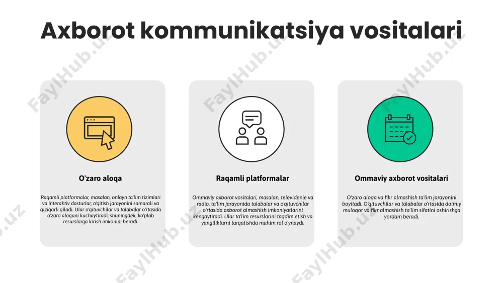 rni faol ishtirok etishga undaydi. ular o'qituvchi va o'quvchilar o'rtasida muloqotni kuchaytiradi, bilimlarni samarali o'zlashtirishga yordam beradi. interaktiv metodlar turli xil shakllarda bo'lishi mumkin, jumladan, guruhli muhokamalar, rolli o'yinlar va loyiha asosida o'qitish. interaktiv ta'lim metodlari o'qituvchilar uchun foydalari interaktiv ta'lim metodlari o'qituvchilar uchun bir qator foydali jihatlarga ega. ular o'qituvchilarni o'z bilimlarini yanada samarali yetkazish imkoniyatiga ega qiladi. shu bilan birga, o'qituvchilar o'quvchilarni qiziqtirish va ularga individual yondashuv ko'rsatish imkoniyatini oshiradi. bu metodlar orqali o'qituvchilar o'z darslarini qiziqarli va samarali o'tkazishlari mumkin. o'quvchilar uchun foydalari o'quvchilar uchun interaktiv ta'lim metodlarining foydalari ko'pdir. bunday metodlar o'quvchilarni faol ishtirok etishga undaydi, shuningdek, ularning muammo yechish va jamoada ishlash ko'nikmalarini rivojlantiradi. interaktiv metodlar orqali o'quvchilar o'z fikrlarini erkin ifoda etish imkoniyatiga ega bo'lishadi. ular mustaqil fikrlash va ijodkorlik ko'nikmalarini ham oshiradilar. axborot texnologiyalari, ma'lumotlarni yig'ish, saqlash, uzatish va qayta ishlash jarayonlarini o'z ichiga oladi. ular ta'lim jarayonida o'qituvchilar va o'quvchilar uchun yangi …