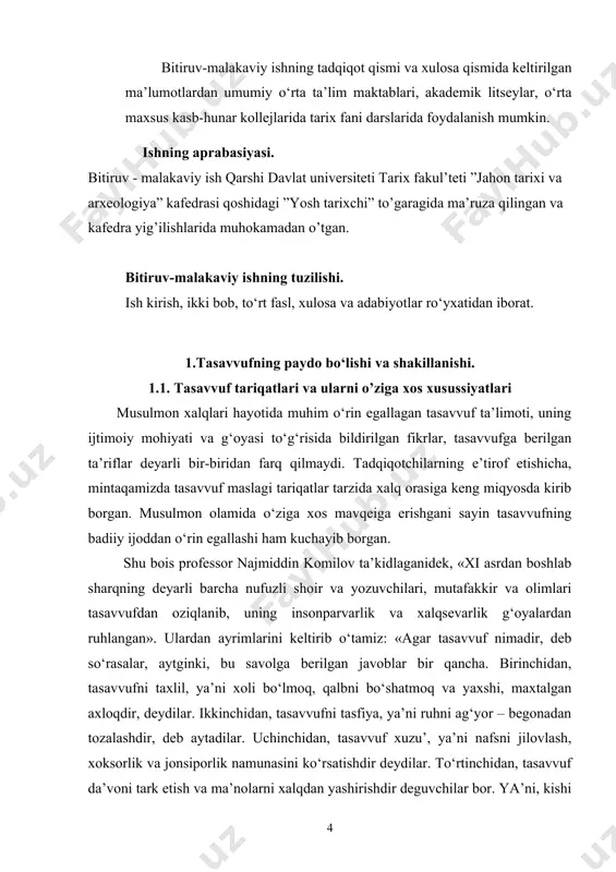 ilishi – islomning asli, ruhi va o‘zagidir; ibodatda ehson maqomi, so‘z emas, amaldagi hol, g‘aflat, johiliyat va xurofot emas, ilmu ma’rifat va hushyorlikdir. chunki buyuk din olimlarimizning aksari ayni vaqtda ham avliyo, ham tasavvuf rahnamolari edilar. tasavvuf esa tafsir, hadis, kalom, aqoid va fiqh ilmlari kabi shar’iy bir ilmdir. qur’on va hadisdan olingan zohiriy fiqhga muqobil botiniy fiqh ilmi, qalb ahvoli ilmi, nafsni poklash ilmidir. tasavvuf nafsni tarbiyalashdir: sog‘lom iroda, go‘zal xulq, solix amaldir. tasavvuf yalqovlik, loqaydlik, miskinlik emas, chunki islom olamida o‘tgan eng buyuk yo‘lboshchilar, faol, g‘ayratli kurashchilar, mujohidlar mutasavviflardan chiqqan». «tasavvufning g‘oyasi ham axloqning kamol martabasiga erishmoq uchun har sohada rasululloh (s.a.v.) ko‘rsatgan yo‘ldan yurib, botiniy va zohiriy yetuklik jihatidan uning haqiqiy vorisi bo‘lmoq yo‘lini ko‘rsatishdir. tasavvufning g‘oyasi – janobi haqning roziligiga erishmoq uchun nafsni poklab, go‘zal axloq egasi bo‘lishga intilmoq, ya’ni alloh va rasulining xulqi bilan axloqlanishdir». «tasavvuf – insonning kamolga, haqqa yetishishi yo‘llari, usullari majmuasidir. uning …
