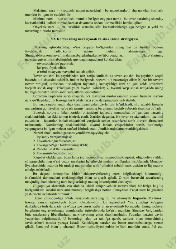 nat sarflariumumiy, ya’niijlimoiyzarurmehnat sarfigakeltiriladivashusarfningpuldaifodalanishinarxni hosil qiladi. nazariy jihatdan olib qaralganda, narx - tovar qiymatining puldagi ifodasidir. amaliy jihatdan qaralganda esa, narx - muhim iqtisodiy vosita, dastak hisoblanadi. ma’lumki, qiymat ishlab chiqarish kategoriyasi bо‘lib, ishlab chiqarishning о‘zidagi mehnat sarfi bilan bog‘liq munosabatlarni ifoda etadi. tovarning yaratilishida moddiylashgan va jonli mehnat sarf qilinadi, ularning majmuasi qiymat, demakdir. ammo qiymat har qanday mehnat sarfi emas. qiymat tovarni yaratishga ketgan ijtimoiy zarur mehnat sarfi, aniqrog‘i, ehtiyojni qondira olgani sababli bozorda tan olingan mehnat sarfidir, chunki mehnatning bir qismini, agar u kerakli bо‘lmasa, bozor inkor etadi va shu qism qiymatni yaratishda ishtirok etmaydi. bozorda turli mehnat sarflari umumiy, ya’ni ijtimoiy zarur mehnat sarfiga keltiriladi va shu sarfning pulda ifodalanishi narxni hosil qiladi. narxning iqtisodiy mazmunini uning fuksiyalari yaqqol kо‘rsatib beradi. narx nimaga tegishli bо‘lishidan qat’i nazar (tovar, xizmat, ish kuchi, qarz puli narxini — buning farqi yо‘q) besh asosiy funksiyani bajaradi: 1. bozor muvozanatini ta’minlash …