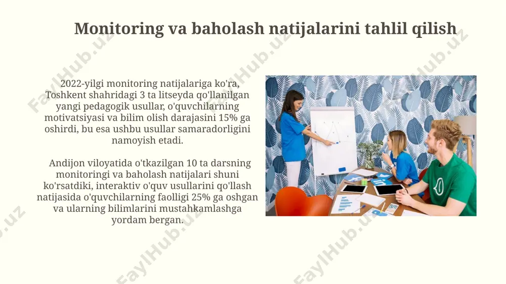 g pedagogik amaliyotini yaxshilashga yordam berdi. ma'lumotlarni yig'ish va tahlil qilish toshkent shahridagi 100 nafar o'qituvchidan olingan ma'lumotlarga ko'ra, o'quv dasturlarini yangilash 20% ga o'quv natijalarining yaxshilanishiga olib keldi. samarqanddagi 5 ta maktabda o'tkazilgan so'rovnomalar natijalari shuni ko'rsatdiki, 70% o'quvchilar interaktiv darslarni an'anaviy darslardan samaraliroq deb baholadilar. o'quv jarayonining sifatini baholash o'quv yilining yakunida o'tkazilgan test sinovlari natijalari shuni ko'rsatdiki, 3-sinf o'quvchilarining o'rtacha ballari 70 balldan oshgan bo'lsa, 5-sinf o'quvchilarining o'rtacha ballari 80 ballni tashkil etdi. 2022-yilda o'tkazilgan milliy baholash natijalariga ko'ra, toshkent shahridagi 5 ta maktabda o'quv jarayonining sifat ko'rsatkichlari 85% dan yuqori bo'lgan. monitoring va baholash jarayonini takomillashtirish сурхондарё вилоятидаги 10 та отмда ўтказилган ўқитиш жараёнлари мониторинги натижаларига асосан, онлайн платформалардан фойдаланиш самарадорлигини ошириш орқали ўқитишнинг сифатини янада яхшилаш мумкинлиги аниқланди. 2023 йилда тошкент шаҳрида ўтказилган таълим муассасалари мониторинги натижаларига кўра, 30% мактабларда ўқитиш методикасини баҳолаш тизими яхшиланишига эҳтиёж борлиги аниқланди. kuzatuv usullari va vositalari o'quv yilining 1-choragida …