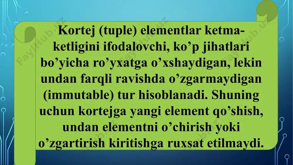 konstanta_n } quyida ikki sanaluvchi tiplar: oy va hafta kunlari keltirilgan. enum days {yakshanba, dushanba, seshanba, chorshanba, payshanba, juma, shanba}; enum months : byte {yan, fev, mar, apr, may, iyn, iyl, avg, sen, okt, noy, dek}; keyinchalik o’zgaruvchilarimizni ushbu sanaluvchi tiplar orqali e’lon qilishimiz mumkin. masalan days d; months m; sanaluvchi tipning har bir elementi standart bo’yicha bazali tiplardan biri bo’lmish int tipini oladi. agar boshqa butun tipni keltirmoqchi bo’lsa, u holda :(“ikki nuqta”) belgisini qo’yib kerakli tipni yozish kerak. konstantalar figurali qavslarda keltiriladi va sanaluvchilar deb ataladi. jimlik bo’yicha birinchi sanaluvchi 0 qiymatini qabul qiladi, keyingilari esa 1 ga oshib boradi. masalan, yuqorida e’lon qilganimiz yakshanba - 0 ni, dushanba – 1 ni qabul qiladi. sanaluvchilarni faqat jimlik bo’yicha emas, balki istalgan boshqa son bilan ham initsializatsiya qilish mumkin. buning uchun quyidagi misolni qaraylik: enum days { yakshanba=1, dushanba, seshanba, chorshanba, payshanba, juma, shanba }; har bir sanaluvchi tip …