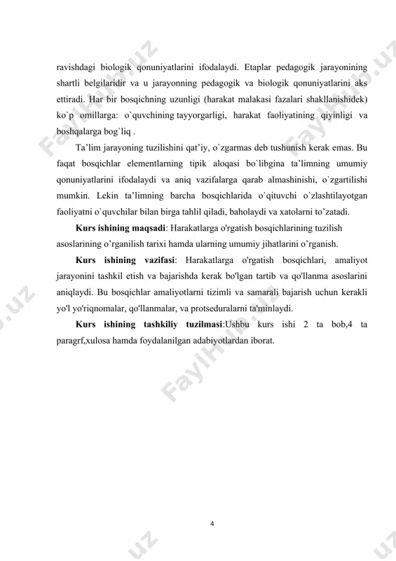 ining asosiy yo'nalishlari va xususiyatlari 1.1 jismoniy madaniyat vositalari pedagogik tushunchalar sifatida. jismoniy madaniyat vositalari, pedagogik tushunchalar bo'yicha juda muhimdir, chunki ulardan foydalanish pedagogik jarayonlarni oshirish, o'quvchilarning o'zlarini rivojlantirish va ta'lim muhitini samarali ta'minlashda o'rin oladi. quyidagi pedagogik tushunchalar jismoniy madaniyat vositalari bilan bog'liqdir.jismoniy madaniyat vositalari, har bir o'quvchi uchun individual ta'limni ta'minlashda juda muhimdir.[footnoteref:2] bu vositalar o'quvchilarning har birining shaxsiy rivojlanish darajasiga mos keladi va ularning o'zlarini ifoda etish, jismoniy va ma'naviy rivojlantirishlari uchun imkoniyat yaratadi.jismoniy madaniyat vositalari, o'quvchilarga nazariy bilimlarni amaliyotga o'tkazish va o'quvchilarning ko'nikma va qabiliyatlarini rivojlantirishda juda samarali bo'lishi mumkin. masalan, sport inventarlarini qo'llash orqali o'quvchilarni jismoniy salohiyatlarini oshirish, jamoatchilikka qatnashish va jamoatchilik qoidalari bilan tanishishga yordam beradi.jismoniy madaniyat vositalari, o'quvchilarga tartib, tuzilma va samarali ishchi qoidalar bilan tanishish orqali disciplinani o'rgatishga yordam beradi. masalan, sport mashg'ulotlari orqali jismoniy faollikda qatnashish, jamoatchilik ruhini rivojlantirish va jamoat bilan birgalikda ishlashni o'rganish uchun yaxshi bir vositadir.jismoniy madaniyat vositalari, …
