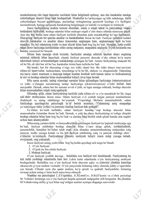 kechak kabi bir qancha narsalar bilan ta`minlanishi zarurki, bularning barchasi shaxsning turli yo’nalishlardagi ehtiyojlaridir. odamdagi ehtiyojlar ijtimoiy muhit, ta`lim-tarbiya va amaliy faoliyat ta`sirida shakllanadi. moddiy ehtiyojlar ham, ma`naviy ehtiyojlar ham g’ayratga, shijoatga undaydi, unga ko’tarinki kayfiyat bag’ishlaydi, olg’a, yangi harakatlarga otlantiradi. odam ehtiyojlari orasida mehnat qilish ehtiyoji alohida ahamiyat kasb etadi. mehnat shaxsdagi moddiy va ma`naviy ehtiyojlarni qondirishning yagona shartidir. shaxsning o’tmish ma`naviy qadriyatlariga va o’z davridagi ilg’or g’oyalarga nisbatan bo’lgan sadoqati va sodiqligi uning e`tiqodi bo’lib, bu qadriyatlar va ilg’or g’oyalarni davr va sharoit taqozosiga asoslangan holda taraqqiy ettirish borasidagi harakatlari majmui esa idealidir. har bir shaxsdagi e`tiqod va ideal uning ehtiyojlari va qiziqishlari bilan bog’liq holda namoyon bo’ladi. shaxsdagi jamiyat moddiy va ma`naviy ehtiyojlarini rivollantirishga yo’naltirilgan g’oyalar inson umriga mazmun bag’ishlaydi, mavjud jamiyatni rivojlantirishda harakatlantiruvchi kuch bo’lib xizmat qiladi. shaxsning eng qimmatli sifatlaridan biri mustaqilliq, ichki erkinlik, ichki o’ziga xoslikdir. mustaqillik o’zganing yo’l-yo’rig’isiz muhim qarorga kelish va uni …