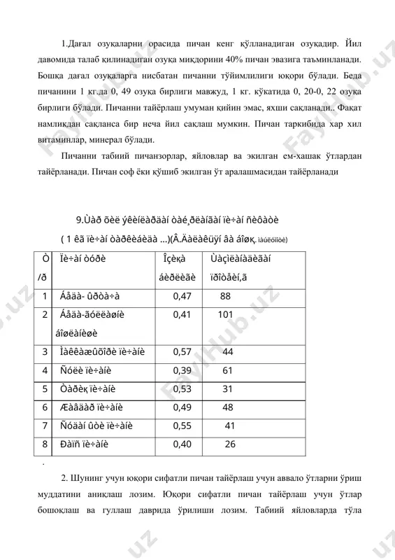 л 19-46%га камаяди. ўсимликнинг пастки қисмида оқсил миқдори кам бўлади.аммо 4см дан паст ўриш мумкин эмас, чунки навбатдаги ўрим суст ўсади. ўртача ўтзор 4-6 см.га ўрилади, табиий ўтлоқлар 6-7см.га, нотекислик ерларда 8-10см.га баландликда ўрилади. ўтлар махсус техника ёрдамида ўрилади, ташилади, ғарамланади. ўриш учун кдп-4.0, кс-2,1, ксп-2.1а ўриш техникаси ишлатилади. ётиб қолган ўтлар крн-2.1 машинада ўрилади. ўтларни тез қуритиш учун махсус машина ёрдамида птп-2,0 га ағдарилади. табиий пичанзорлоарда ўтлар кдп-4.0 ёрдамида ўрилади, махсус экилган ўтзорларда кну-6 ва птп-2.0 қўлланилади. пичан тайёрлаш тартиби: 1ўтлар ўрилади ва эзилади-кс-2.1,птп-2.0 2.ўрилган втларни ағдариш-гвк-6.0, е-247/249 3.ўрилган ўтларни йиғиш-гвк-6.0, гп-14.0, псб-1.6 ва ташиш учун махсус техника гут-2.5ғ билан сақланадиган ерларга ташиш. 4.пичанни ғарамлаш учун сну-0.5 техника қўлланилади. 5.пичанни намлиги меъёридан ортиқ бўлса вентиляторлар ёрдамида қуритилади. сақланадиганпичаннинг намлиги 17-20% атрофида бўлиш керак. пичанни сақлаш учун махсус жой тайёрланади. юзаси толза, нам сақламайдиган, сув тўпланмайдиган бўлиши керак. ~арамнинг баландлиги 5-7 м, эни пастда 4м, ўрта қисмида 5.5м , юқорига …
